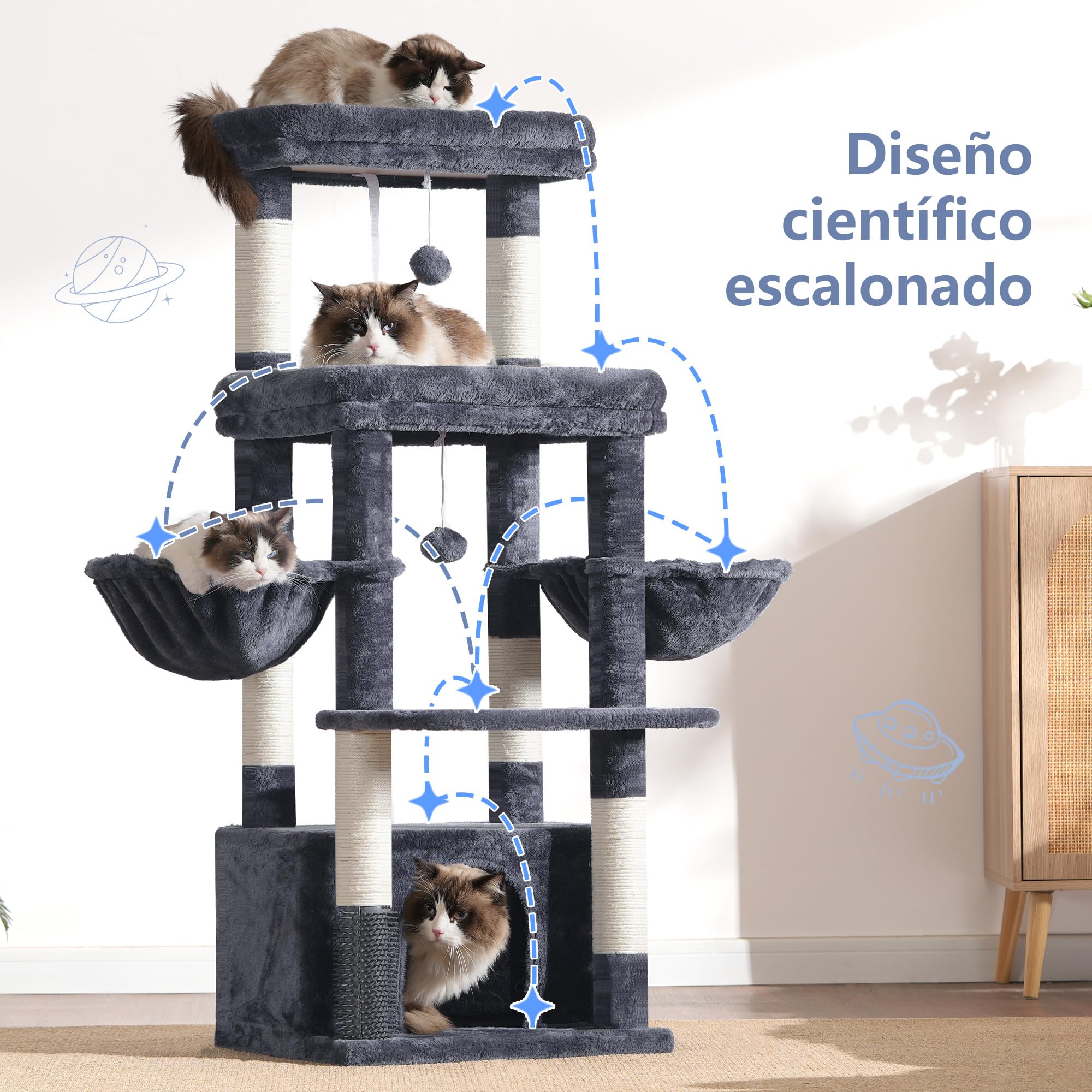Hey-brother Árbol para Gatos, Rascador para Gatos Grandes y Maine Coons, multinivel Estable con 2 Amplio Plataformas, 2 cestas, Cueva Grande y Máquina peinadora, Gris Humo EMPJ070G