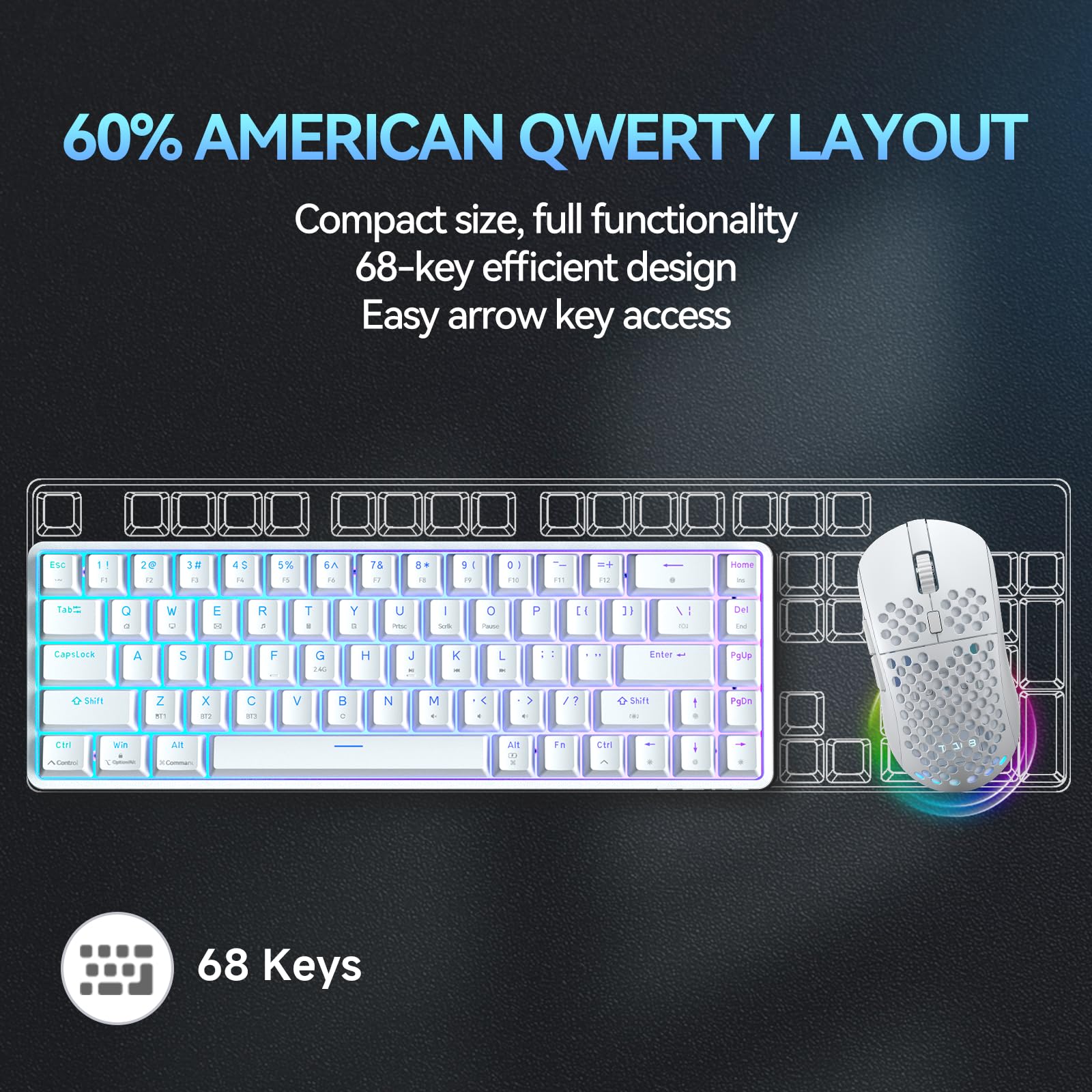 TMKB T68 Kabellose Mechanische Gaming-Tastatur, Tri-Mode (Bluetooth 5.0/2.4GHz/USB-C), 60% RGB Tastatur mit 68 Tasten (QWERTY Layout), Red Switches - Weiß