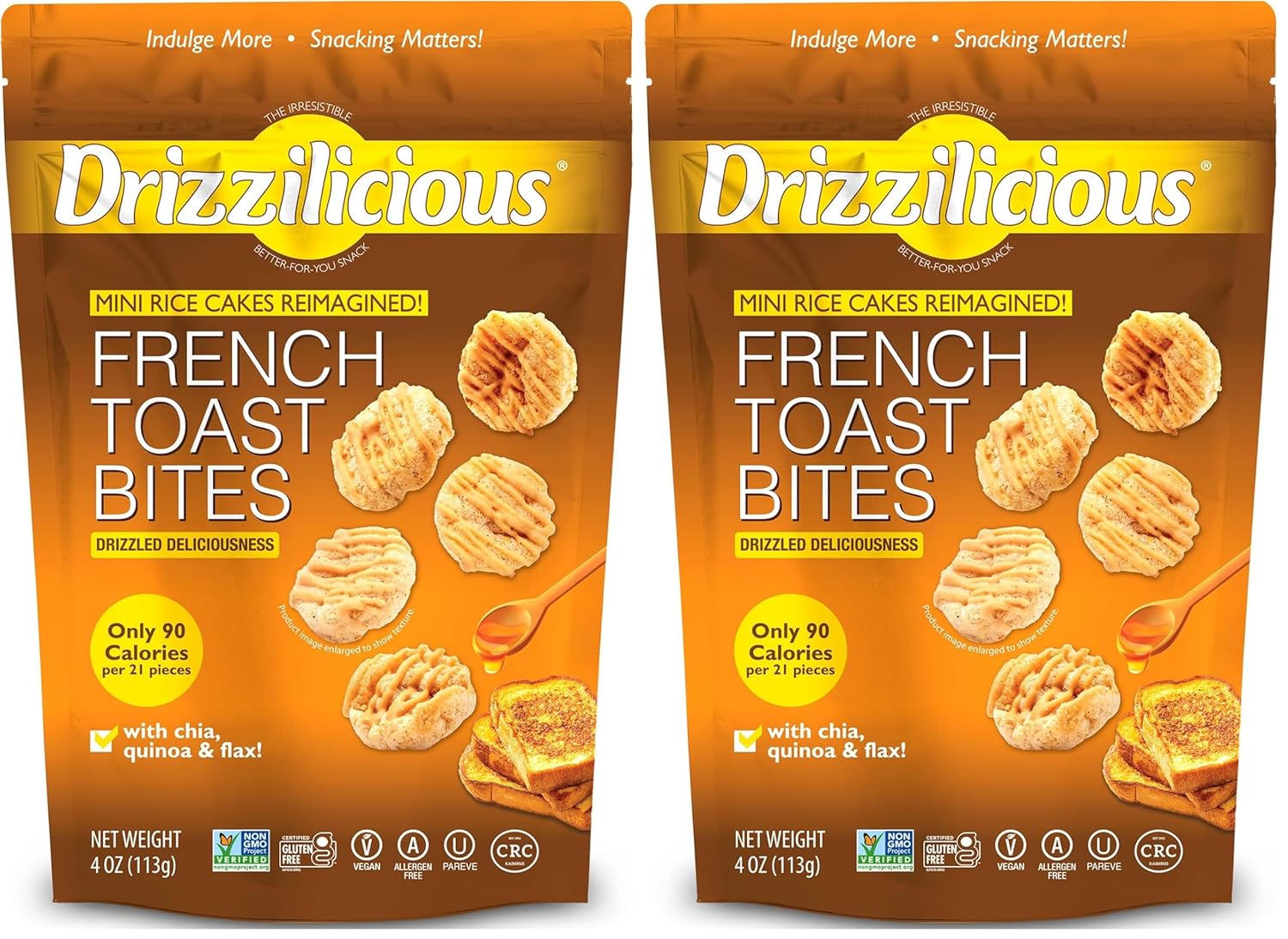 Drizzilicious French Toast Mini Rice Cakes - Vegan Gluten-Free Healthy Snacks, 90 Cal Rice Crisps with Quinoa & Chia, Allergen-Free for Kids & Adults, 4oz Pack of 2
