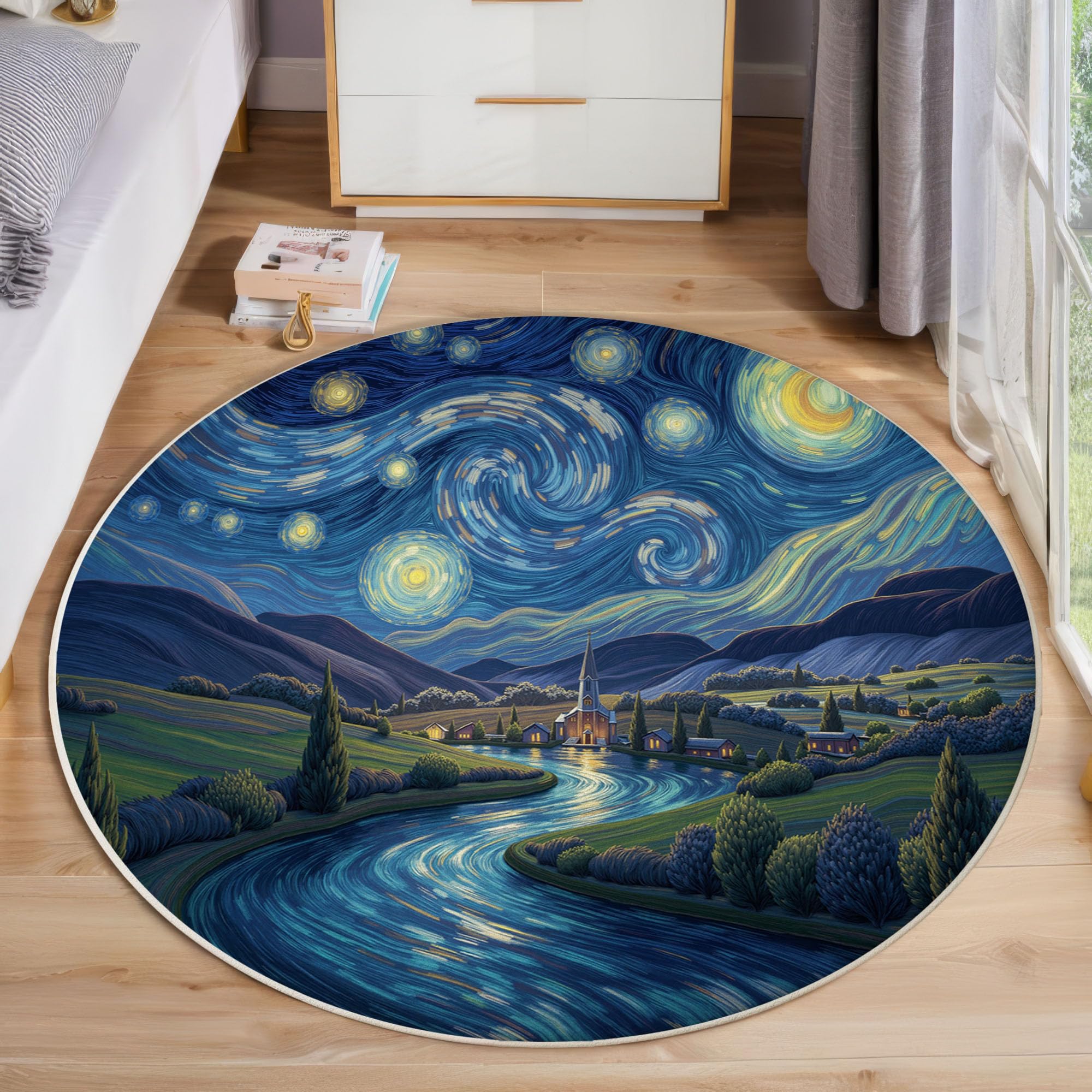 Tapis rond 120 cm ciel étoilé bleu marine lavable en machine pour salon et chambre