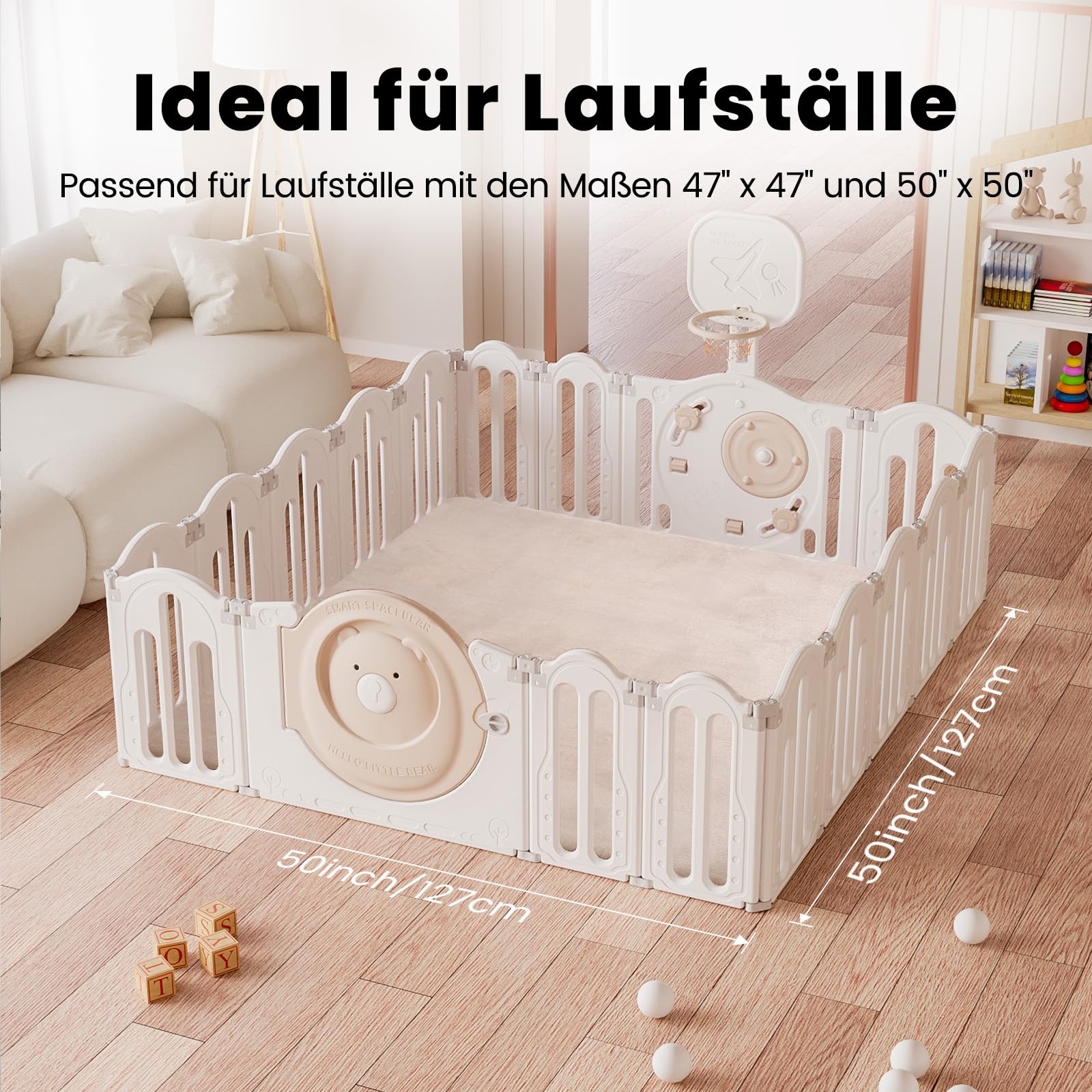 Krabbelmatte Baby 127×127cm, 3cm Dicke Schaumstoff Spielmatte, Ultraweiche Stütze und Plüschiges Gefühl Teppich Kinderzimmer, Pflegeleichte Krabbeldecke Baby mit Rutschfester Unterseite, Beige