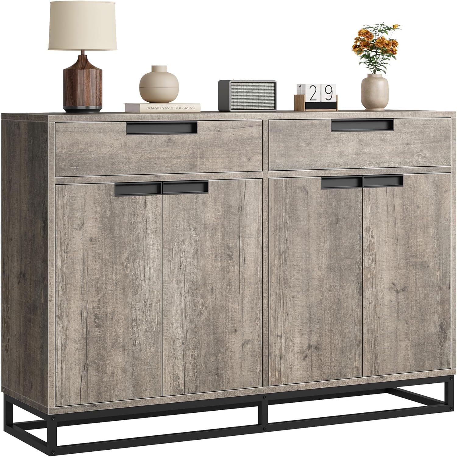 CABIHOME 55" Sideboard Buffet Cabinet, Modern Farmhouse Sideboard, Kitchen Storage Cabinet with 2 Drawers and 4 Doors, Wood Coffee Bar Cabinets with Adjustable Shelf for Kitchen and Dining Room, Gray