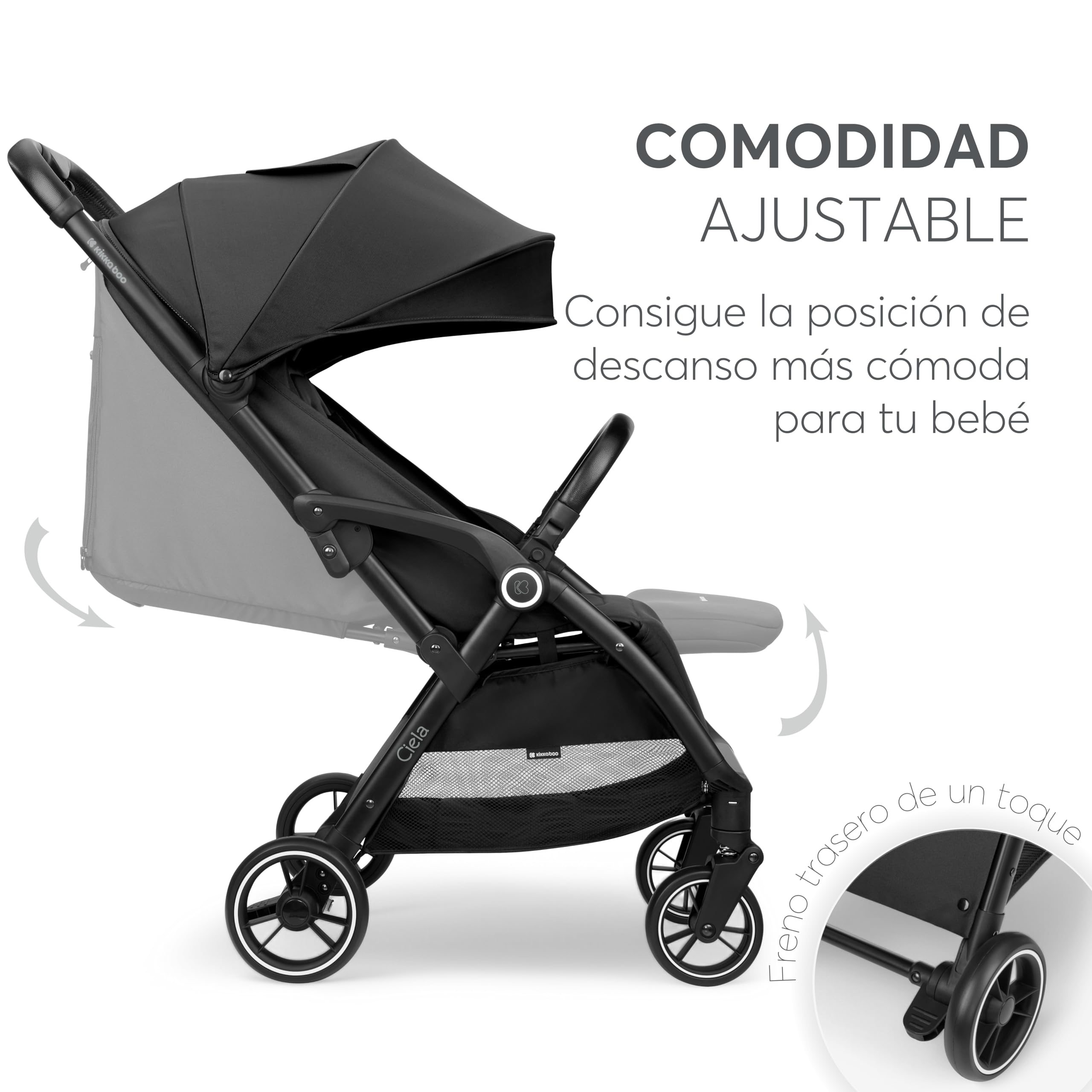 KikkaBoo Silla de Paseo Ligera CIELA, Carrito Bebé Compacto hasta 22 kg, Plegado Automático, Reclinable, Superligero, Tamaño Cabina Avión, Negro
