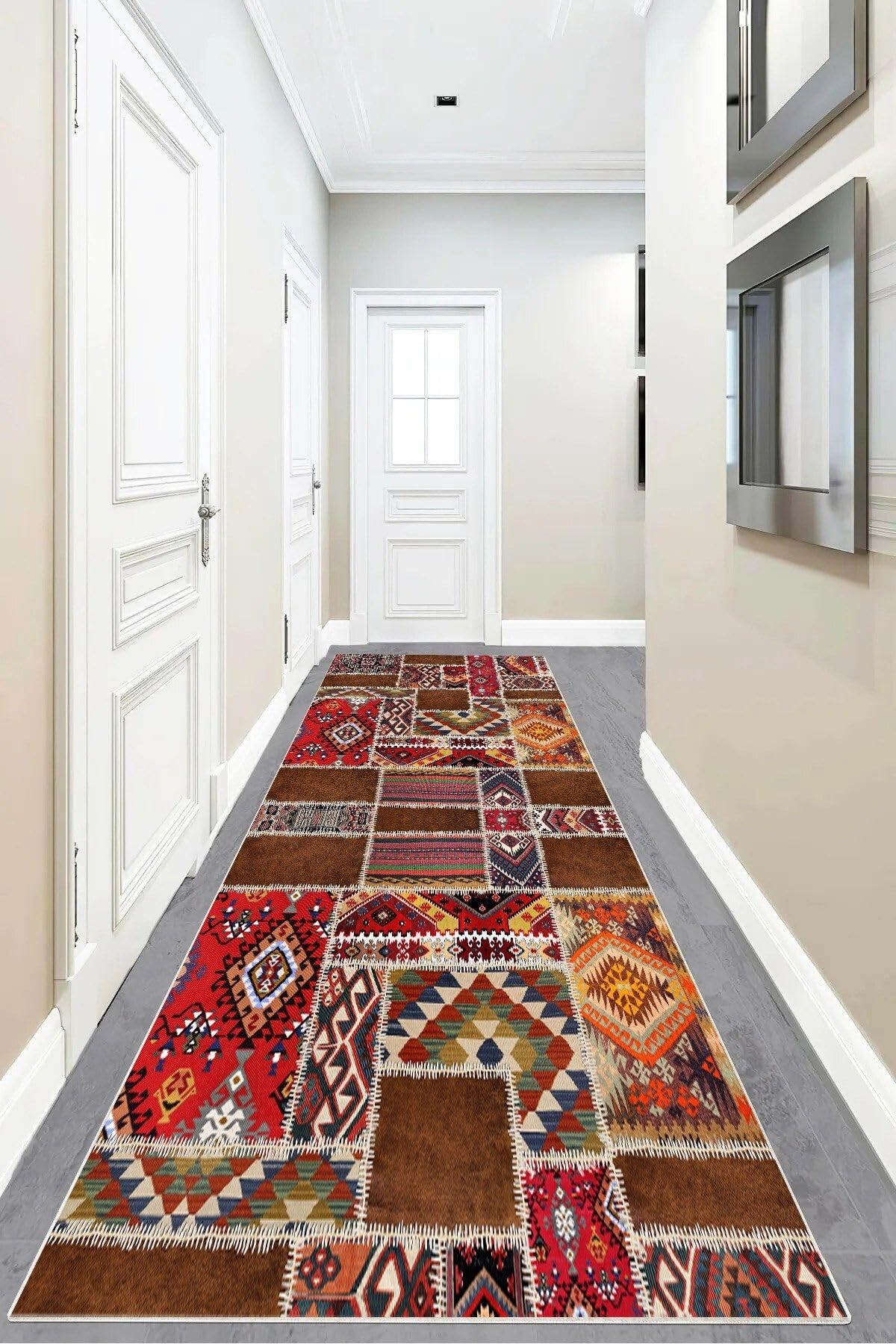 Pelangi Kilim Desenli Etnik Dijital Baskı Yıkanabilir Kaymaz Taban Modern Salon Halı ve Yolluk, Kırmızı 80 x 500, 95541126805007
