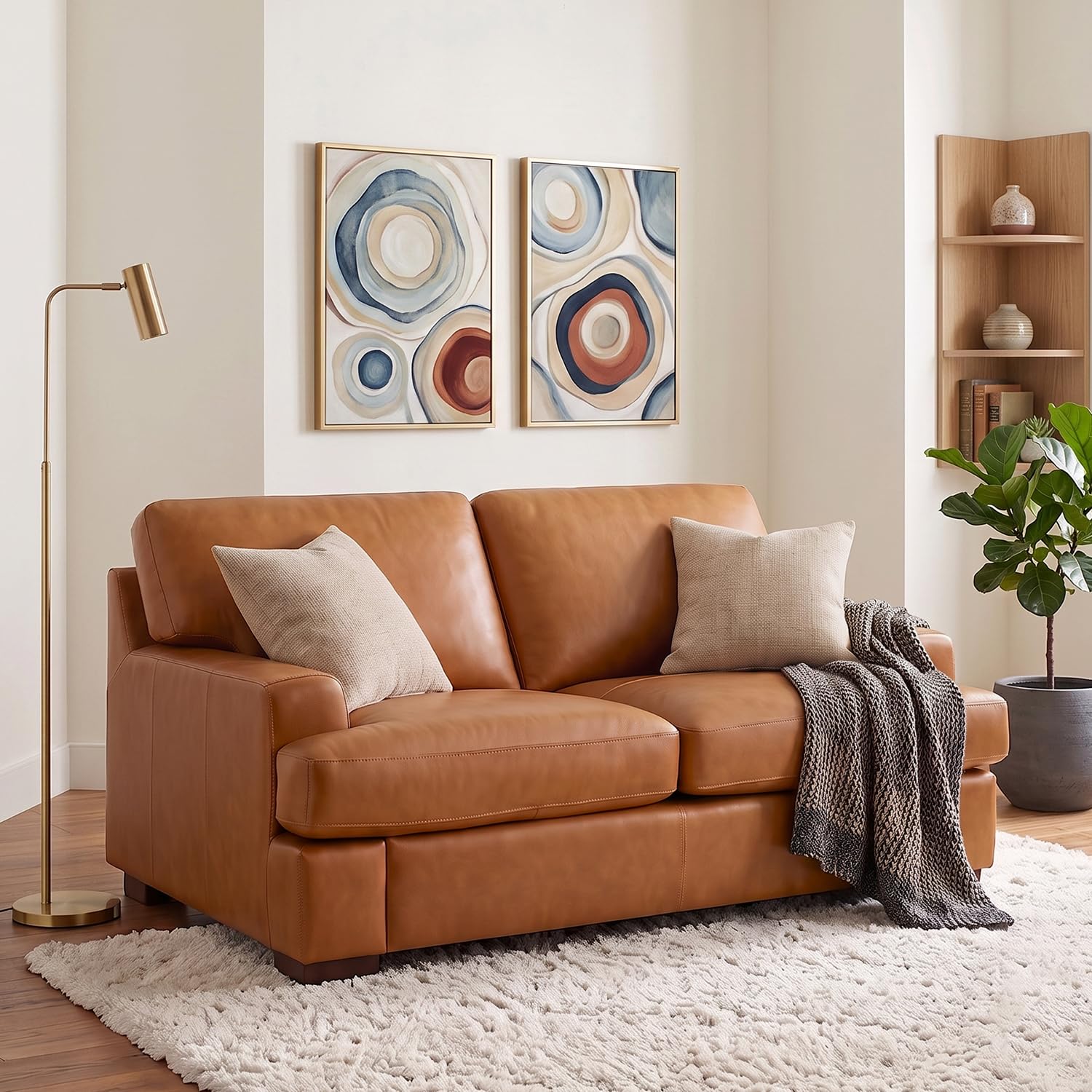 Naomi Home Siggy Genuine Leather Modern Loveseat, Tan
