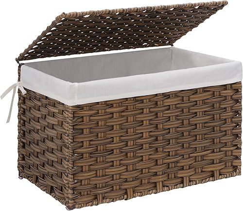 StorageWorks Cesta de almacenamiento de mimbre de 65 litros con tapa, cestas cuadradas de mimbre con tapas y forro extraíble, cesta de mimbre marrón