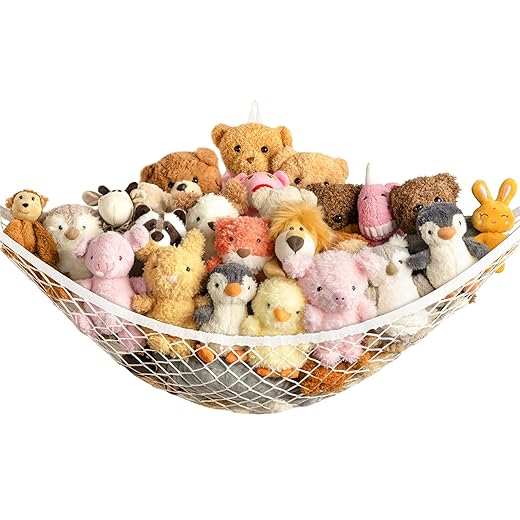 Stuffed Animal Storage Hammock Net Corner - Large Toy Hammock Net for Stuffed Animals Room Decor - Cute Stuff Animal Organizer Holder for Plush Plushie - Kids Baby Nursery Wall Bedroom Home Decor