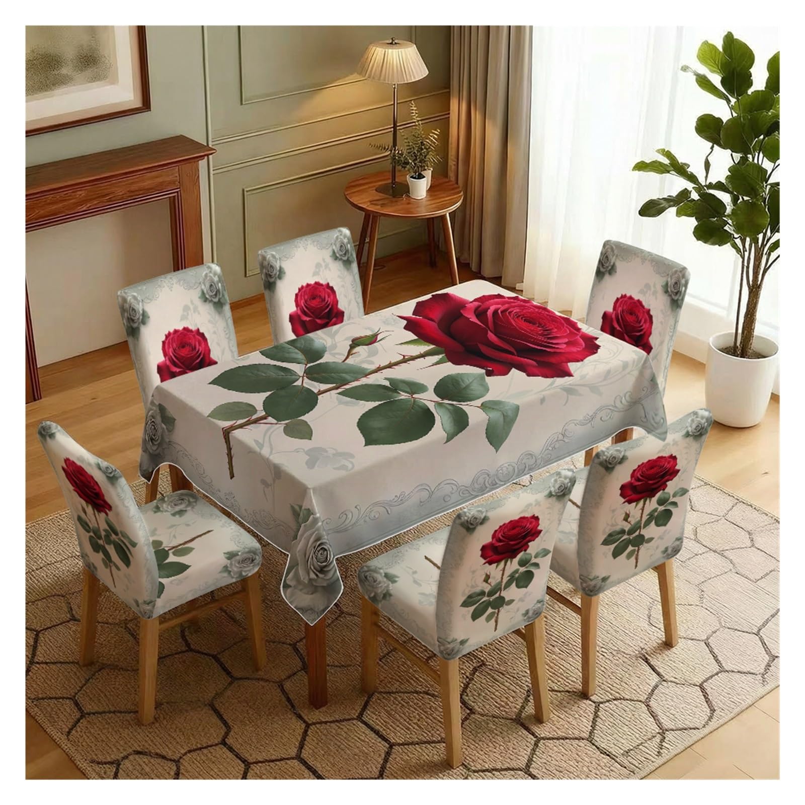 BOSUYBN Vintage Deep Red Rose Baroque Floral Dining Tablecloth & Chair Covers Set, 5/7 Piece Elegant Romantic Victorian Dining Room Home Decor Table Setting(7pcs Set: Tablecloth+Chair Covers)
