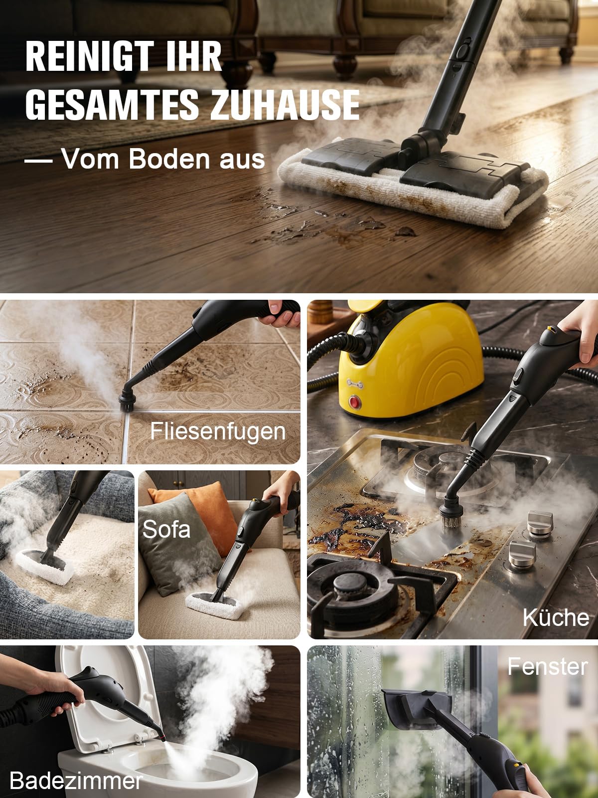 Waitbird Hand-Dampfreiniger für Zuhause, 4,5 Bar, 120 °C Heißdampf, 1500W | 21 Zubehörteile | Chemikalienfrei für Boden, Auto, Wand, Fugen, Küche und Bad | Doppelte Sicherheitsverriegelung
