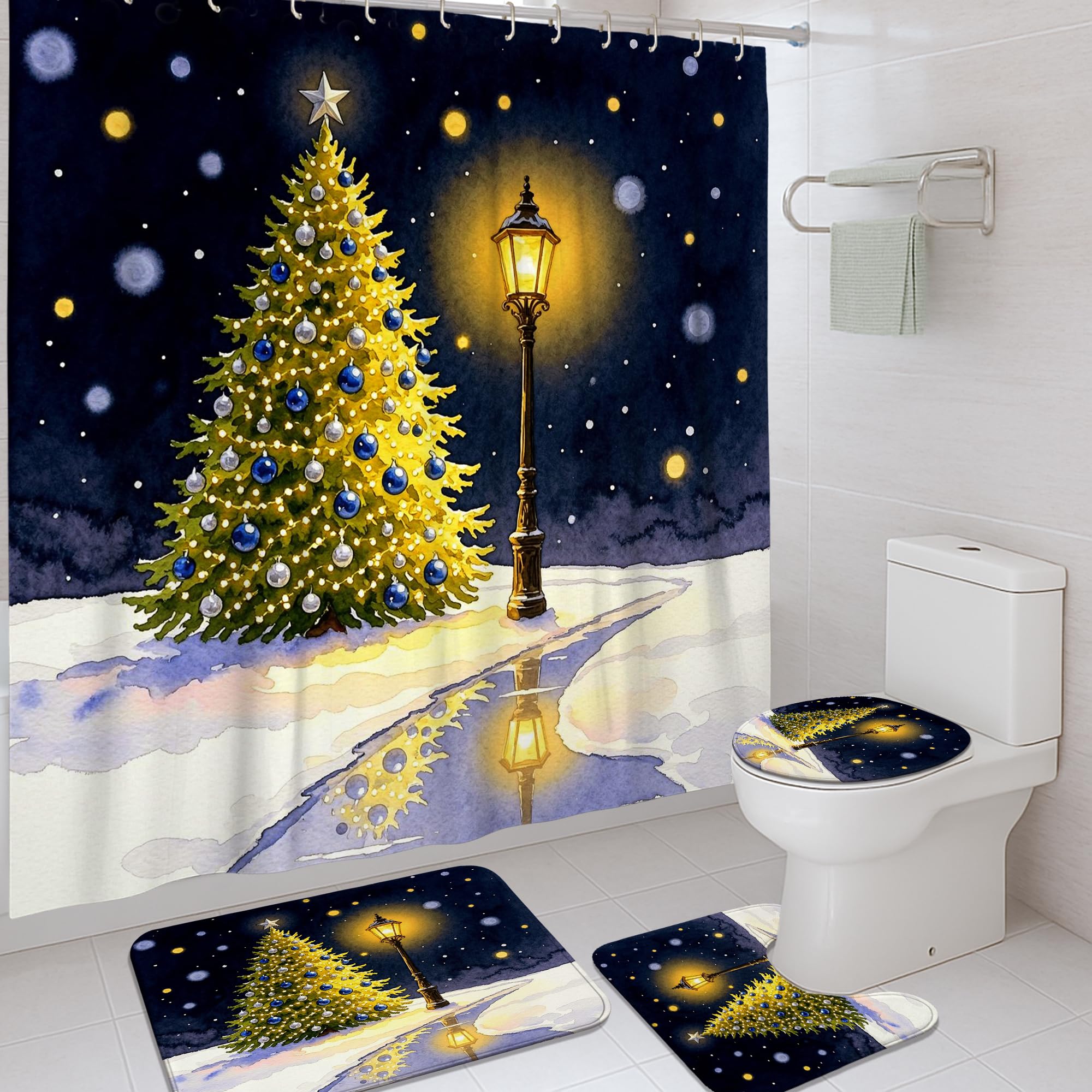 Ensemble rideau de douche Noël vert sapin lavable avec tapis de bain pour la maison