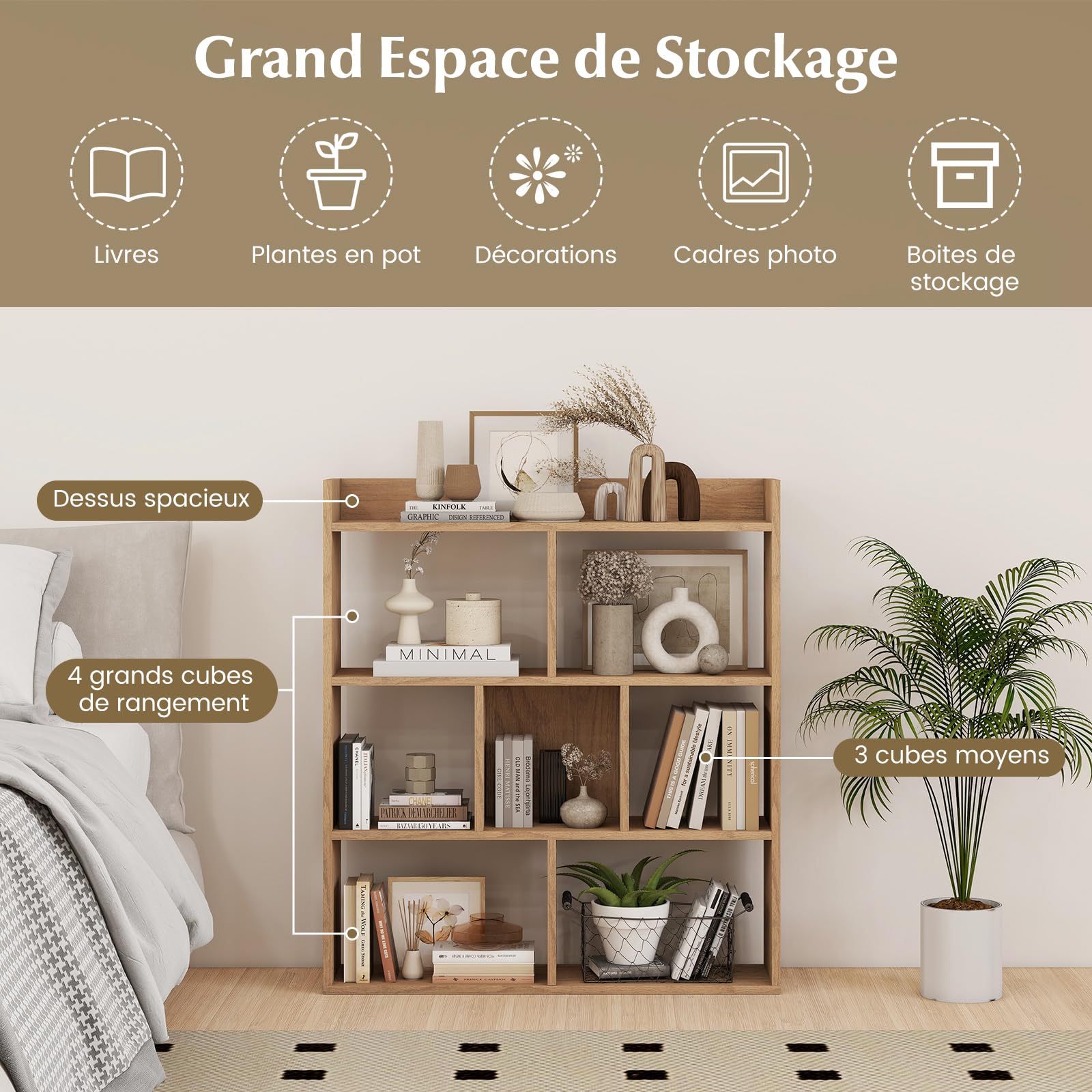 GOPLUS Étagère Bibliothèque à 7 Cubes Ouvertes, Bibliothèque en Bois à 3 Niveaux avec Kits Anti-basculement, Meuble Rangement pour Salon, Bureau, Bureau, 80x20x90cm (Naturel)