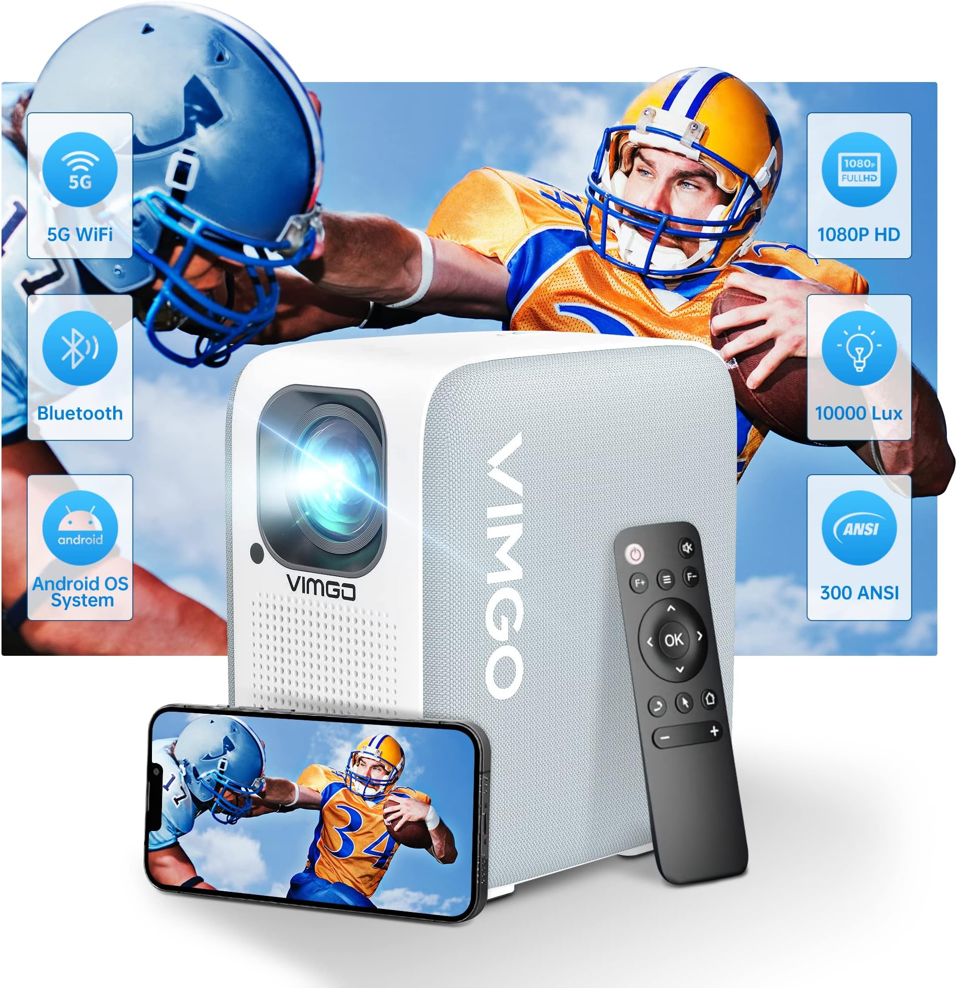 VIMGO Smart Projector - Native 1080P HD Projector 4K Supported Android OS with WiFi & Bluetooth, 300 ANSI Dustproof Movie Projector, 40-120 Inch, 360° Speaker, Portable Home Theater Entertainment