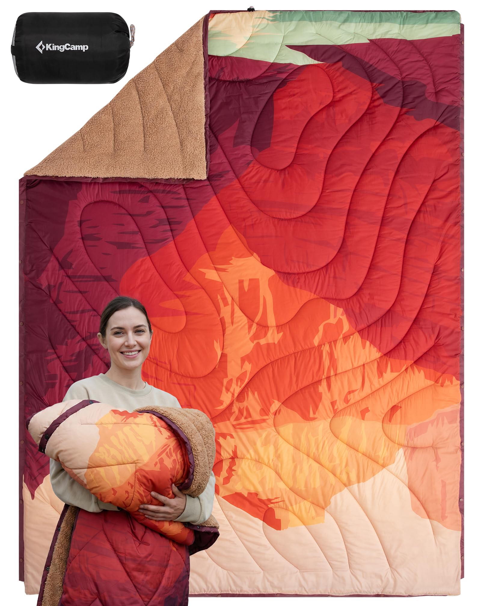 KingCamp Couverture de Camping 200×145 cm | 4-en-1|Range | Polaire Sherpa Chaude,Déperlant,Poncho,Sac d’Urgence,Extérieur Déperlant,Résistante,Idéal van Life,Festivals,Road Trip