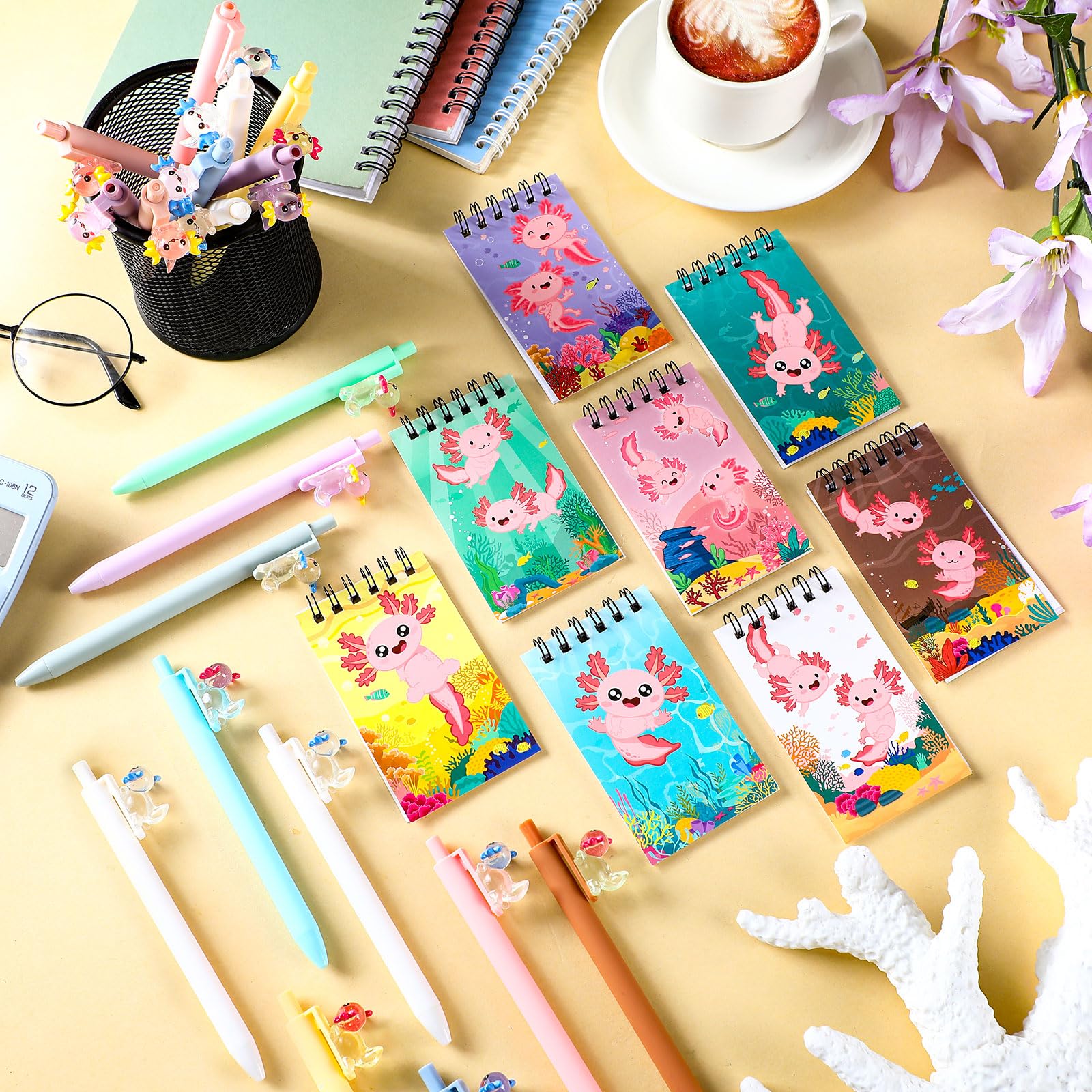 AmazingSpark Axolotl mini notebooki Axolotl Ballpoint Pens Set Cute Animal Pocket Notatniki Wysuwane Długopisy Prezent na przyjęcie urodzinowe Ulubione Torby Goodie Bag Stuffers School Classroom