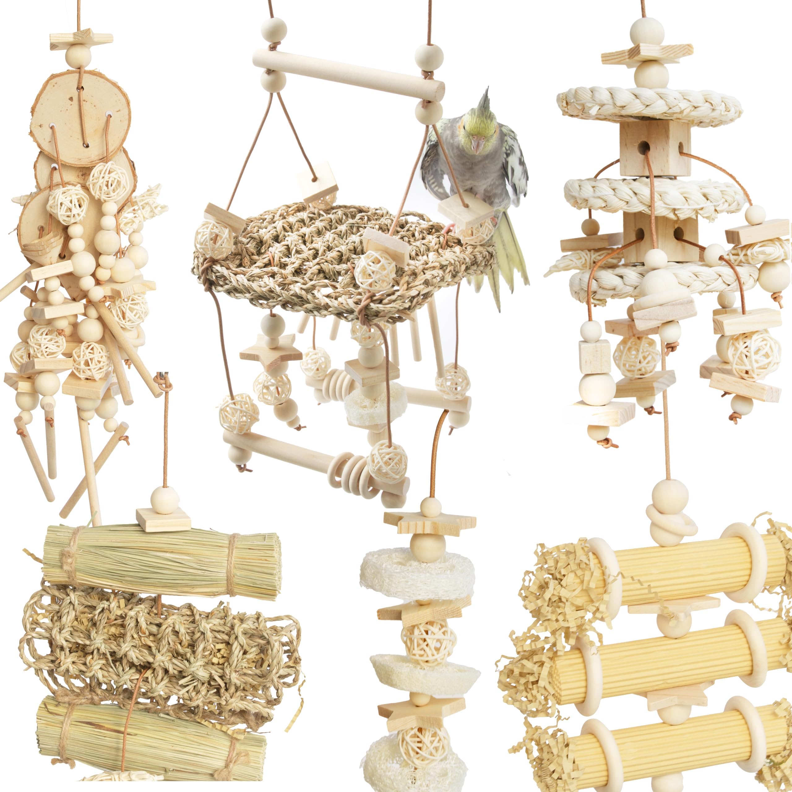 6 Pcs Natural Bird Toys for Parrots - Seagrass Swing, Loofah, Wood & Corn Husk Chew Toy Set - Shredding Enrichment Kit for Small to Medium Cockatiels, Parakeets, Conures, Budgies
