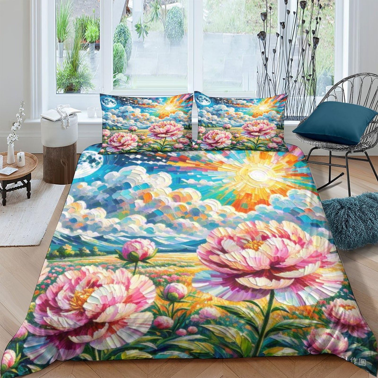 Housse de couette 3D 220x240 dahlie parure de lit microfibre pour grand lit enfant et ado