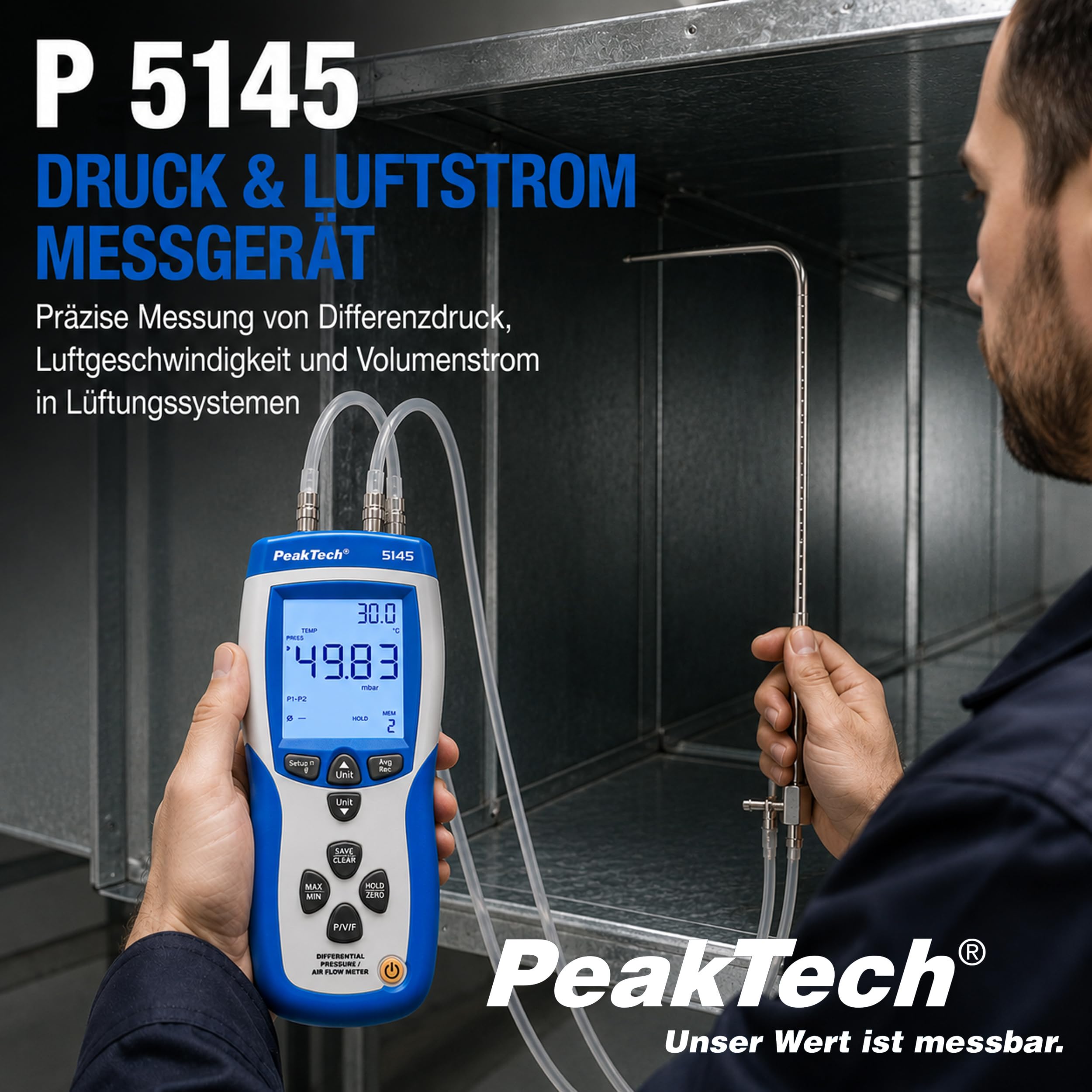 PeakTech 5145 - Differenzdruck Manometer max. 50 mBar mit USB