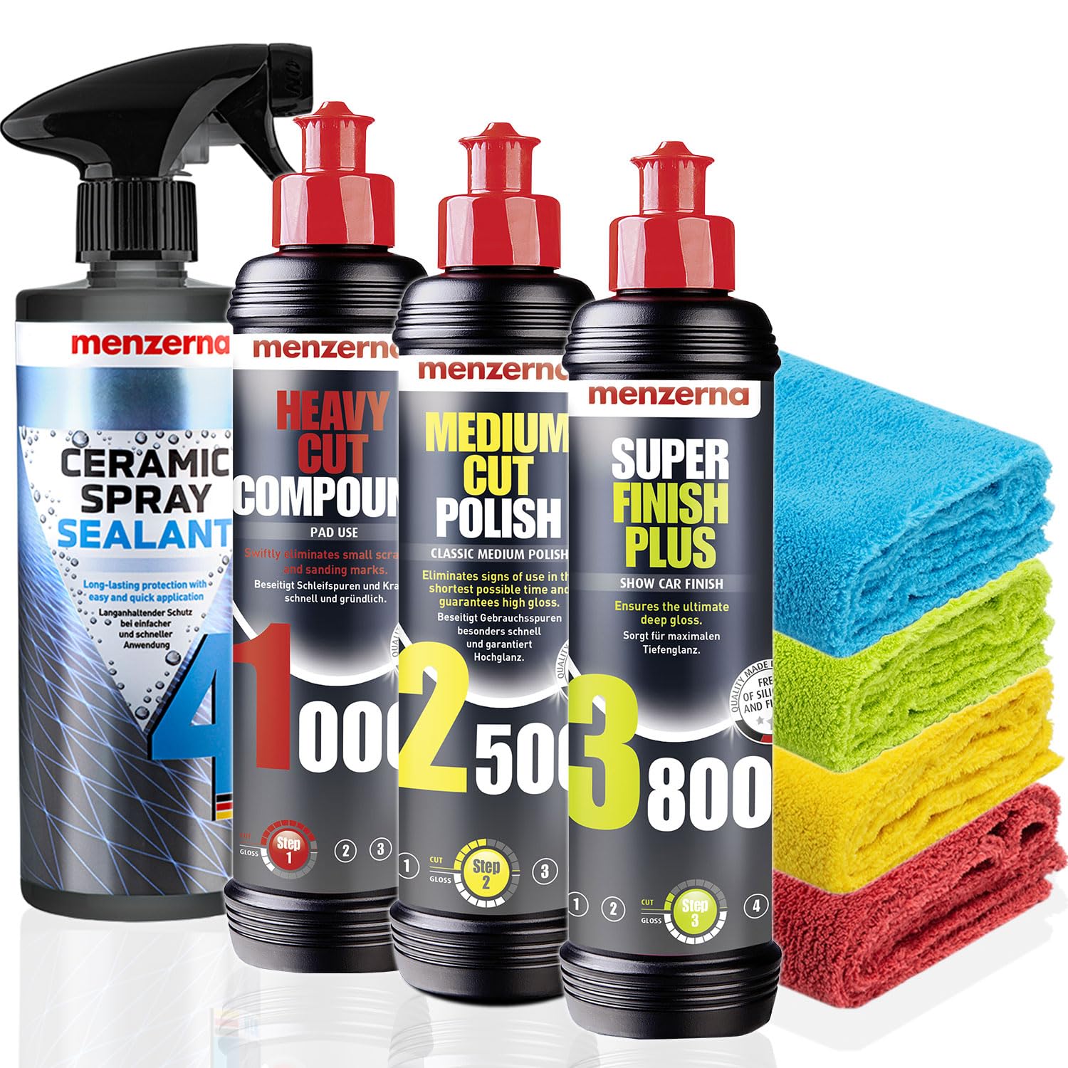 Menzerna Auto Polituren Set: Menzerna Heavy Cut Compound 1000 + Medium Cut Polish 2500 + Super Finish Plus 3800, 250ml + Ceramic Spray Sealant Protection 0,5L + 4x Mikrofasertuch 40x40cm, 550GSM