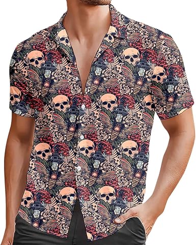 Chemise Homme Halloween Tête De Mort - Style Vintage Streetwear, Manches Courtes, Motif Graphique - Festival, Fête, Déguisement