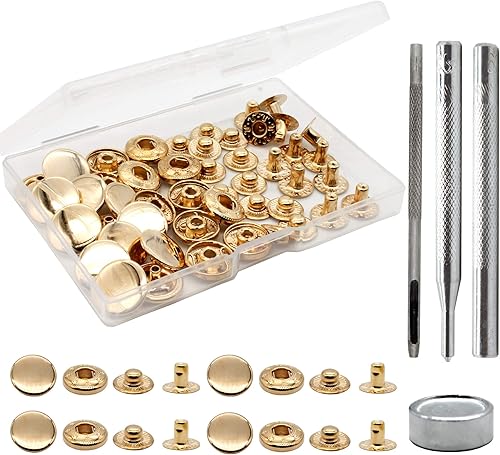Miniatura 8 de Raydodo Juego de 12 cierres de corchete de cuero, kit de botones de metal de 15 mm, broches de presión con 4 herramientas de instalación, remaches