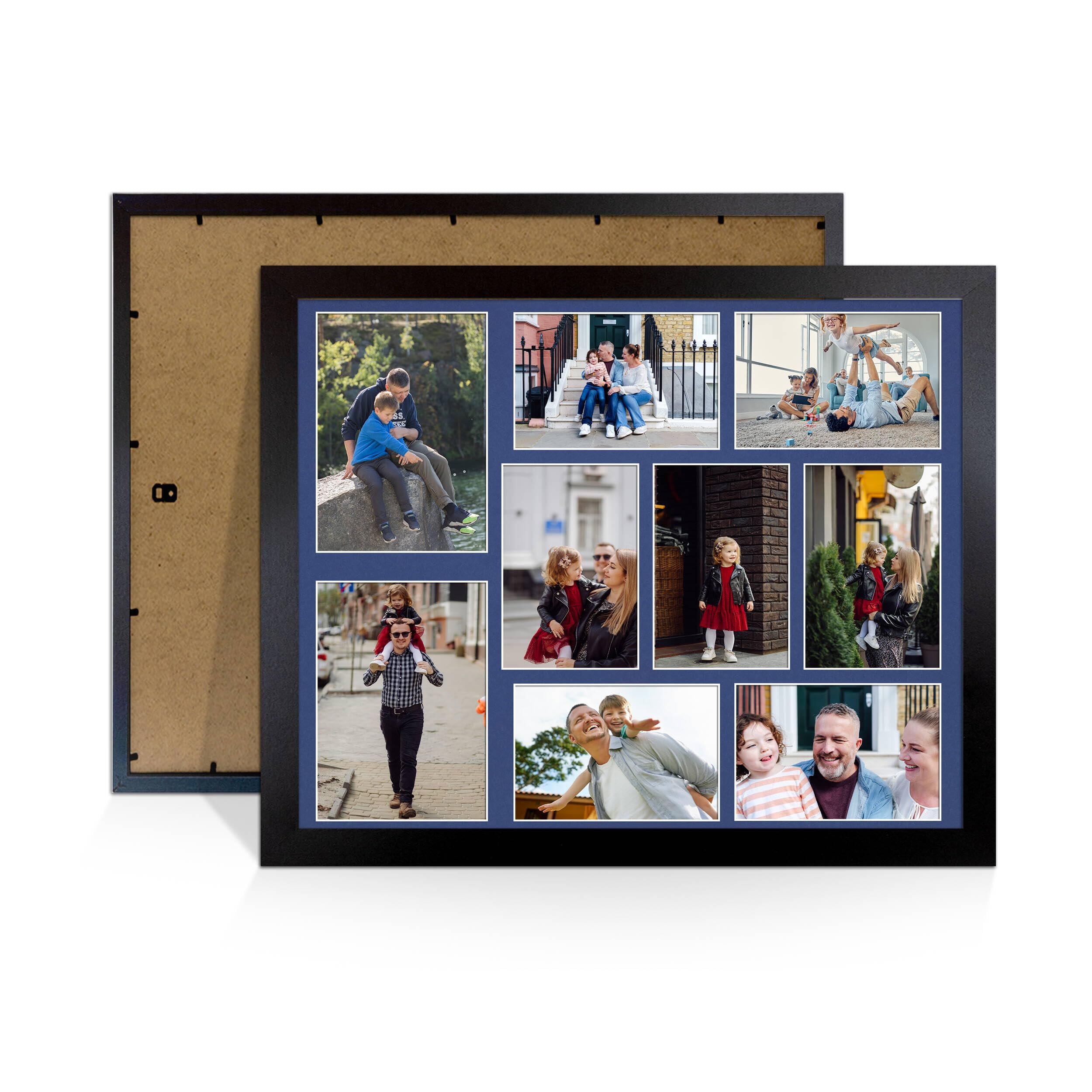 Alison Kingsgate Black 20x16 Photo frames for multiple pictures - Collage Frame for 9 Pictures with Blue Mount - Holds (2x) 7x5 & (7x) 6x4 Photos - Engineered Wood & Perspex