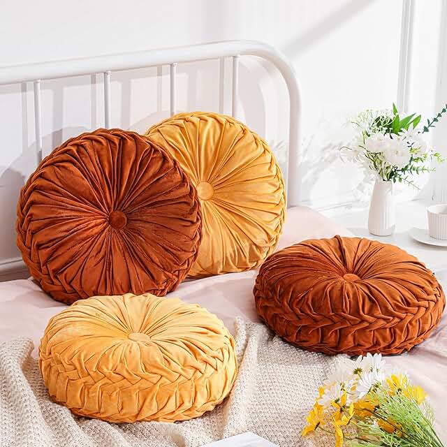 4 Pcs Round Throw Pillows Decorative Velvet Pleated Throw Pillows 15'' D...