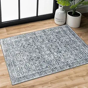 2x3 Grey Brown Washable Rug Soft Area Rug for Entryway, Non-Slip Indoor Door Mat Distressed Floral Low-Pile Kitchen Rugs, Neutral Vintage Carpet for Entrance Kitchen Bedside Farmhouse
