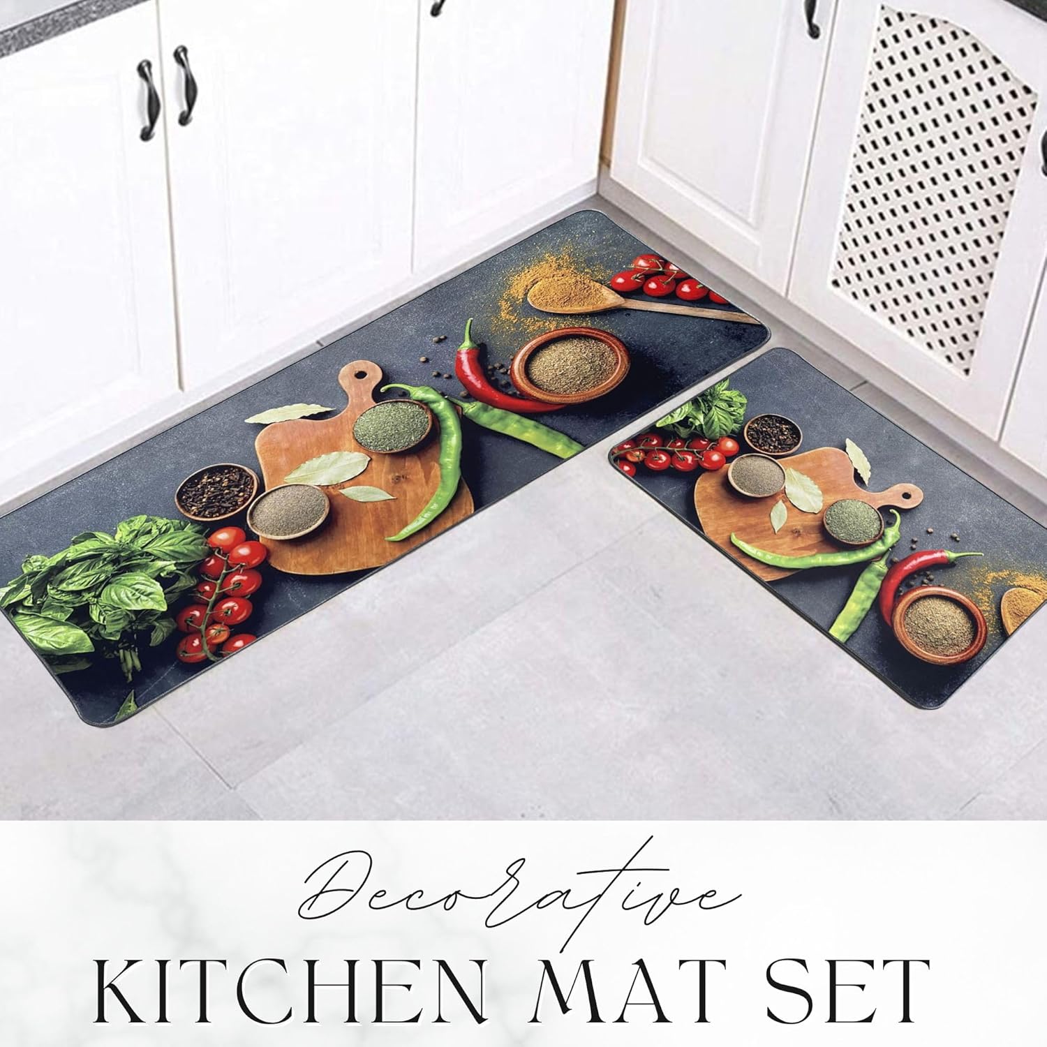 EVIDECO French Home Goods Decorative Kitchen Mat and Runner Rug Set with Fresh Herbs and Spices Design, 20 x 32 and 20 x 48 Inches