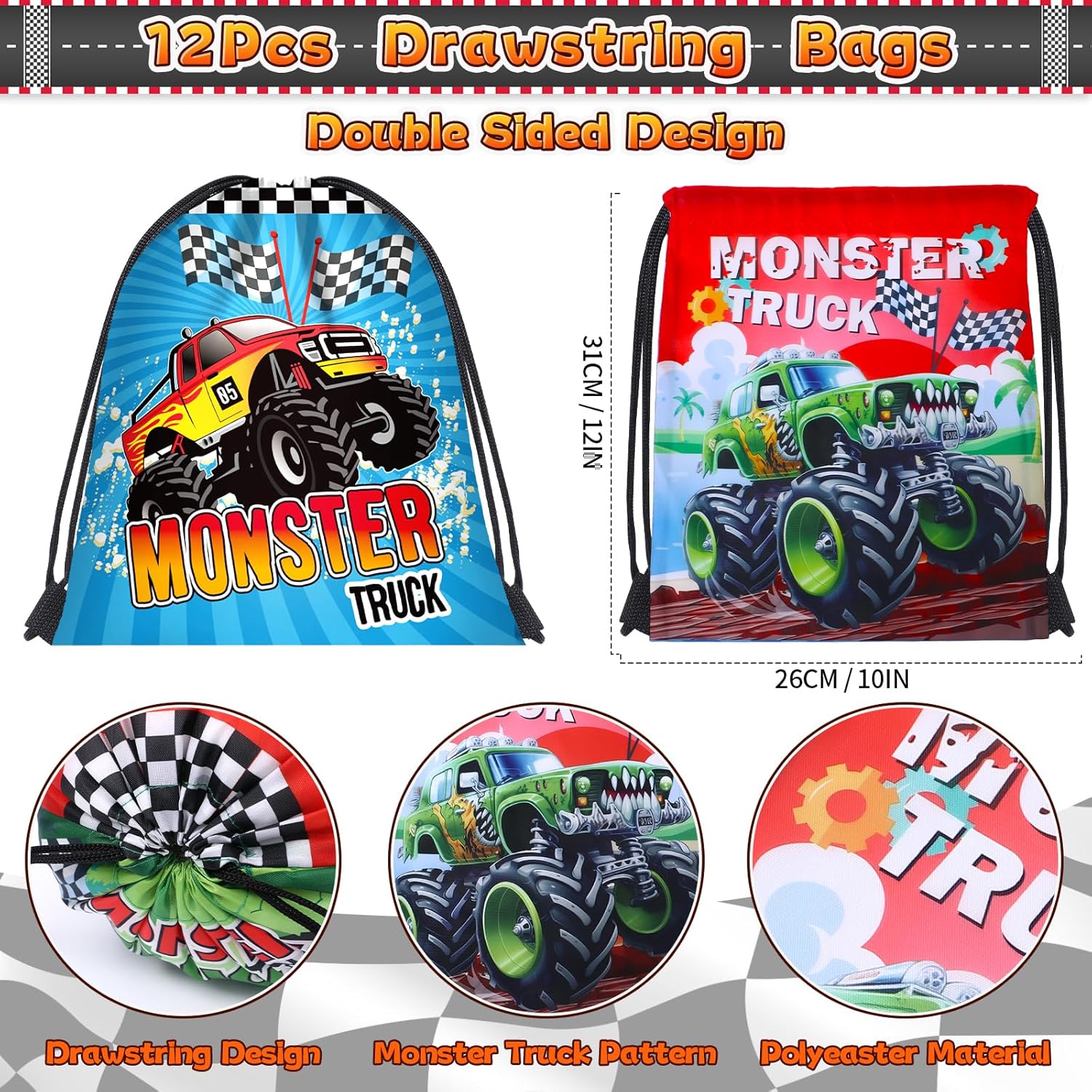 Monster Truck Party Favors Birthday Supplies for Boys Kids, Drawstring Bag Silicone Bracelet Keychain Tattoo Sticker Pinata Goodie Bag Stuffers Monster Truck Birthday Party Supplies Decor - Image 2