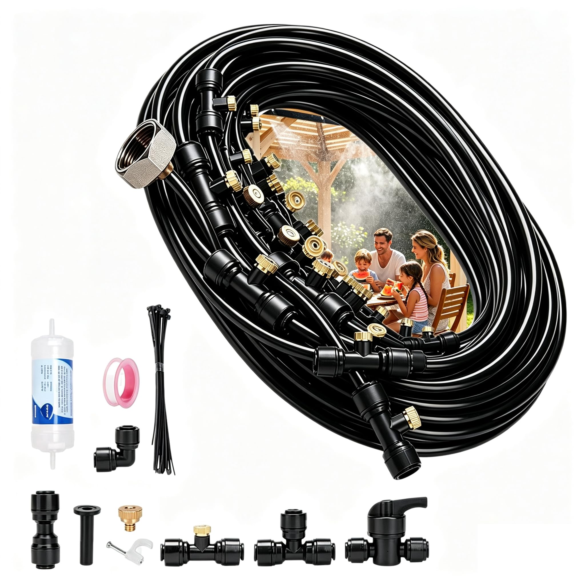 Brumisateur Terrasse, Kit Brumisateur Exterieur, Tuyau BrumisateurTerrasse Exterieur, Buses De Brume Avec Joint En T, Kit De Tuyau-Brumisateur Par Brume Pour Jardin Parasols Avec Filtre à Eau，10M
