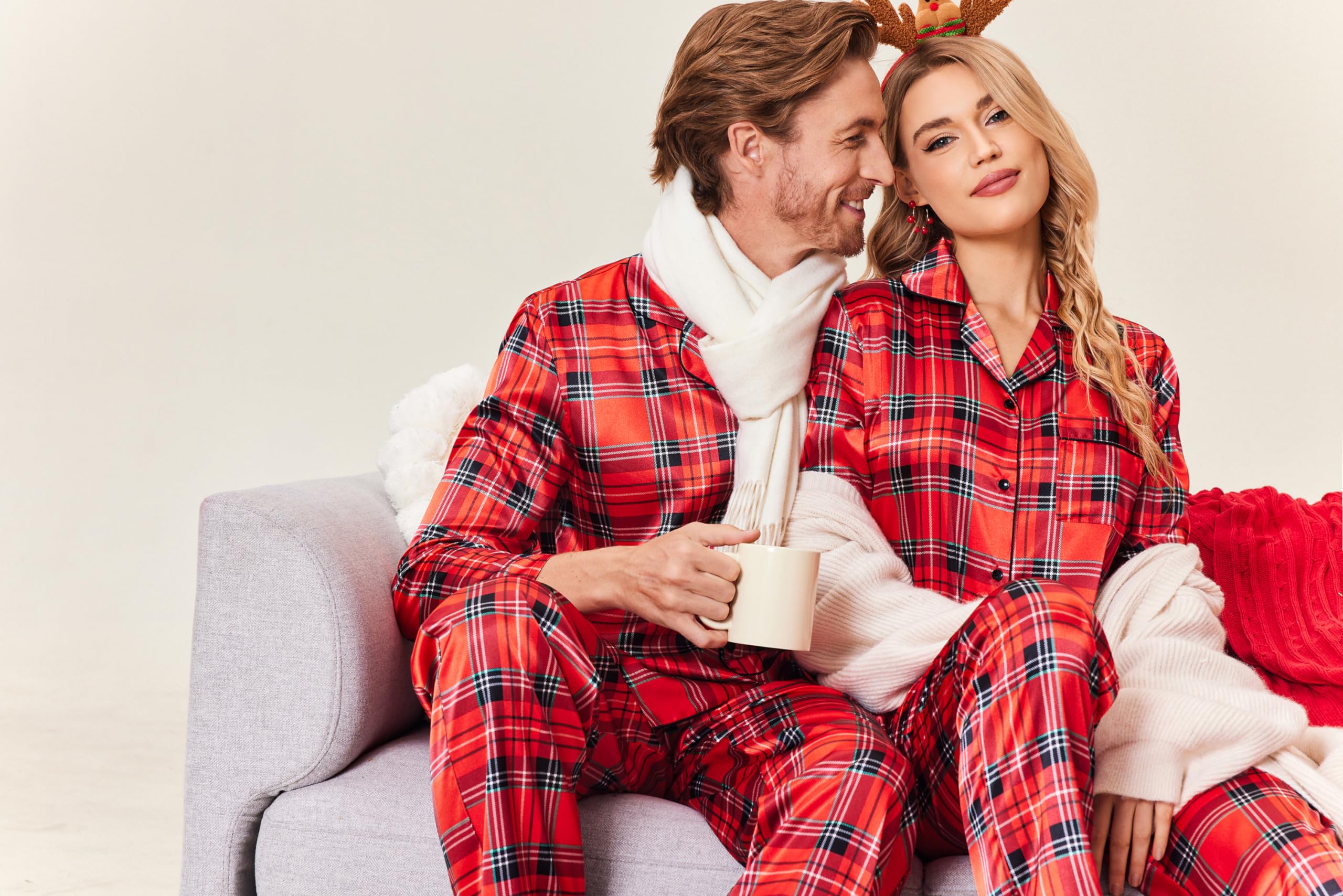 Ekouaer Conjunto de pijama de satén de seda para mujer, manga larga, con botones, suave, de dos piezas, S-XXL, Tartán rojo de Navidad, Medium