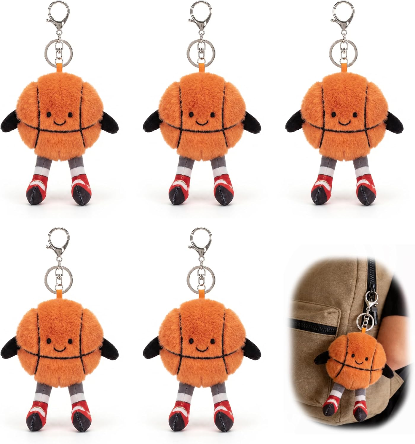 Plush Basketball Keychain Bulk Set, Basketball Gifts for Team, Clip On Key Ring Pack Sports Christmas Party Favors