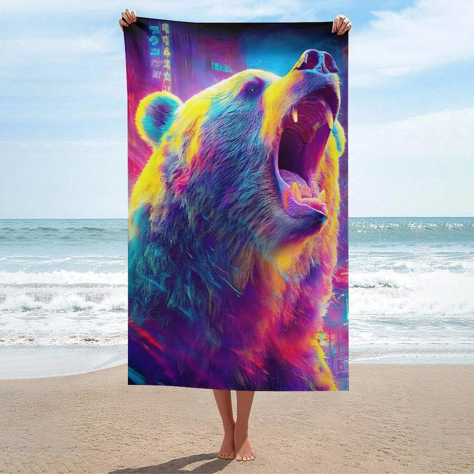 LSRCPD Neon Bear Roaring Beach Towel Sand Free Microfiber Large Shower Towels Multipurpose Absorbent for Bathroom Pool 130x80 CM