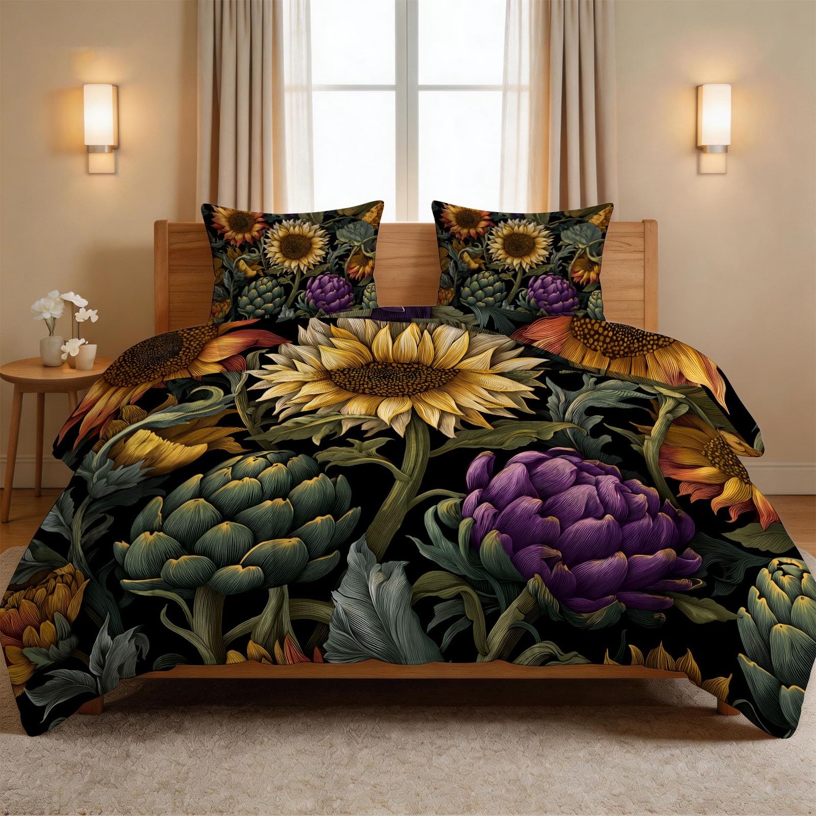 Couette 200 x 200 cm plantes vintage édredon imprimé sans housse 2 personnes fleurs tournesol