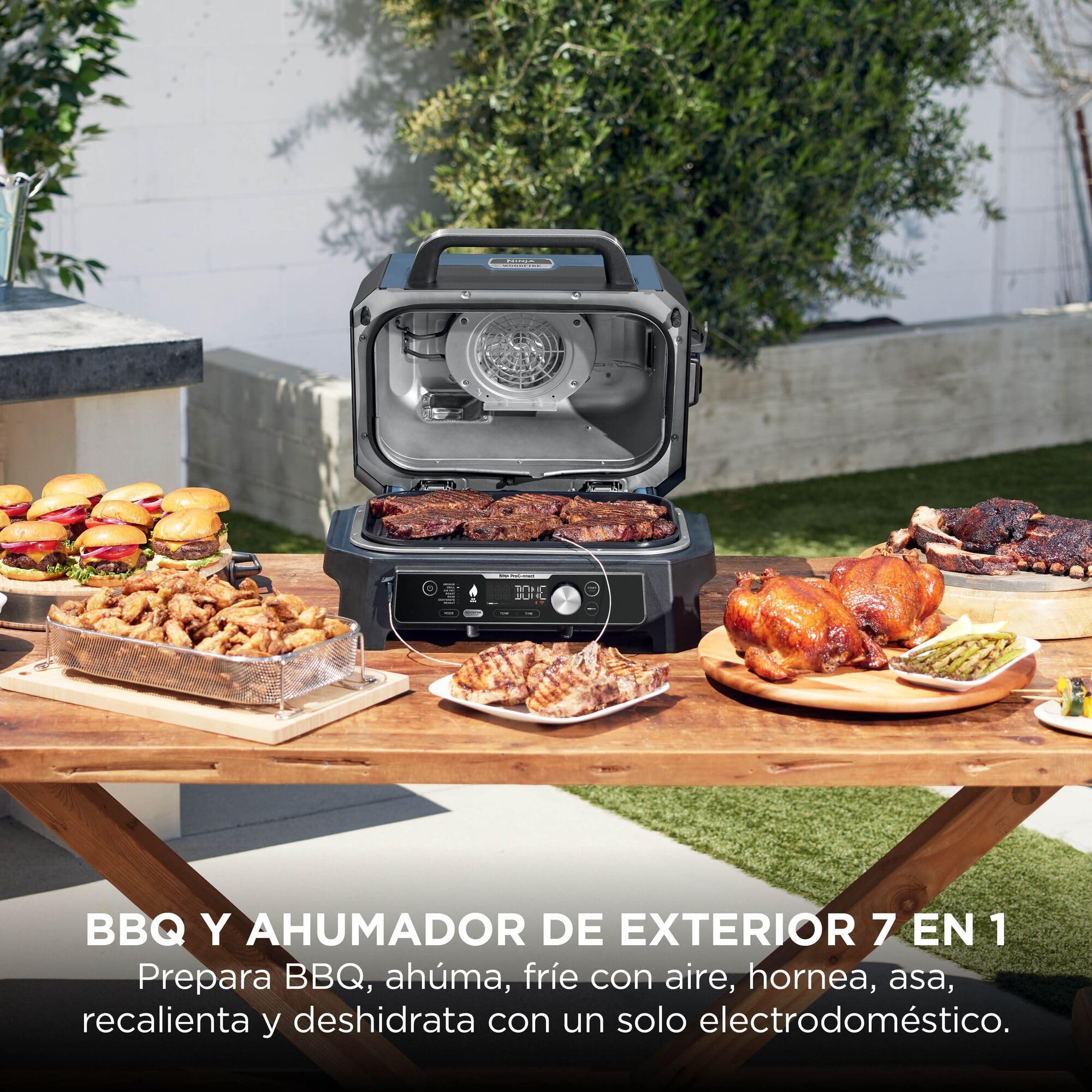 Ninja Woodfire Pro Connect XL Parrilla Eléctrica de Exterior y Freidora de Aire 7 en 1 - Control mediante App y 2 Sondas Digitales - Soporte para Costillas, Funda y Cepillo - Azul y Negro, OG901EUAMZ