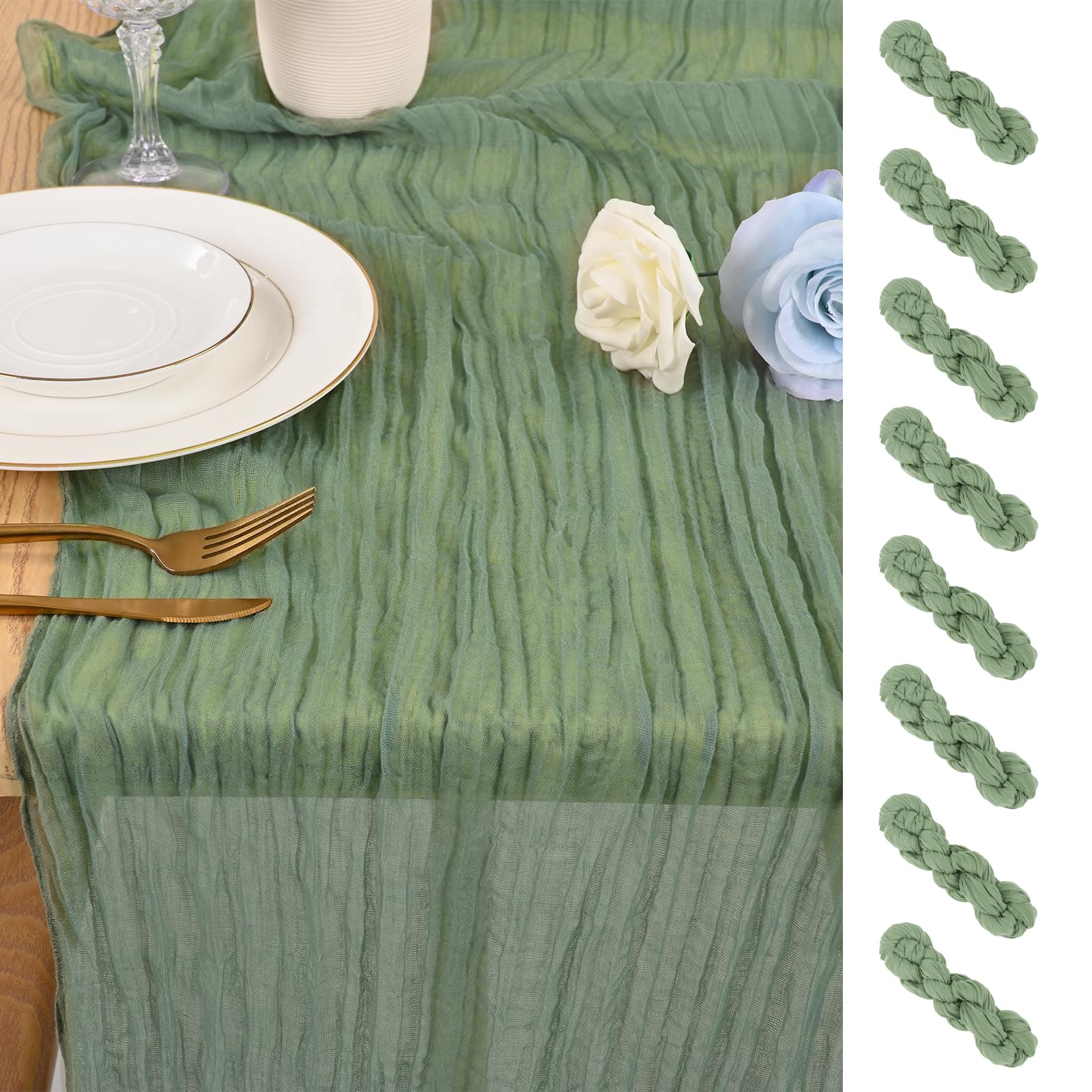 8 Pack 10Ft Cheesecloth Table Runner Sage Green, 20 x 120 Inch Rustic Gauze Boho Cheese Cloth Wedding Long Table Runner for Wedding Party Bridal