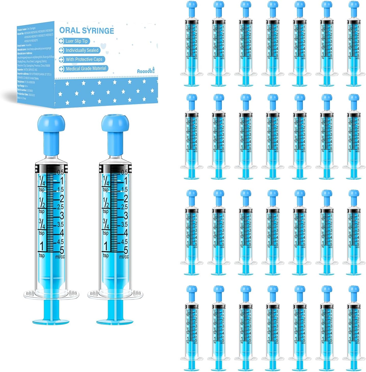 3Pcs 5ml Children Oral Syringes, Liquid Plastic Syringe,Colorful Measuring Tools Individually Sealed for Feeding,Baby Medicine Syringes with Caps (Blue)