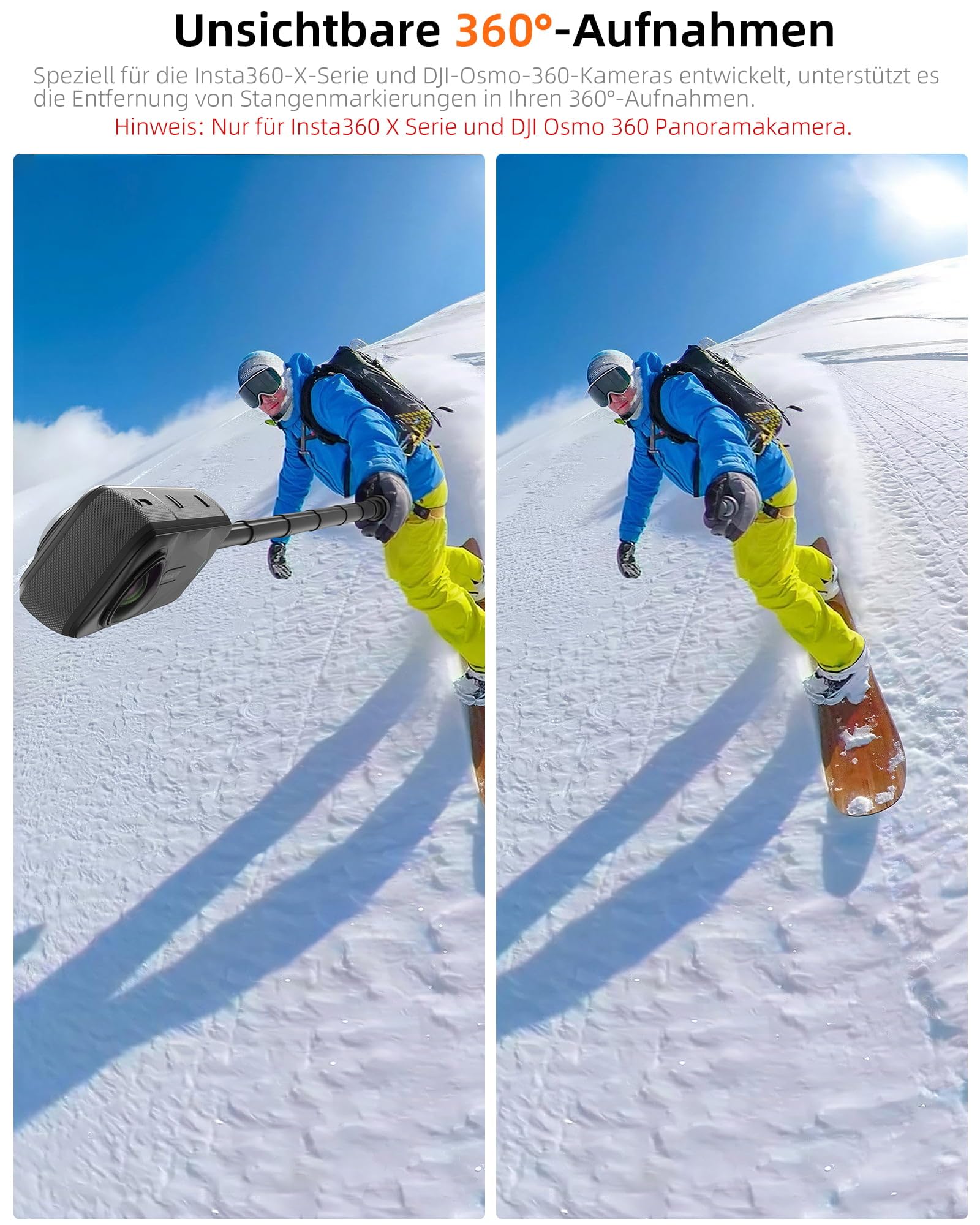 Unsichtbarer Selfie-Stick Stativ für Insta360 X5/X4/GO3S, DJI Osmo 360 usw. | für Actionkamera, 28,7~147,5cm Längenverstellbar, Multifunktional, Leicht, für Vlogs, Reise, Wandern, Skifahren, Gruppenfotos