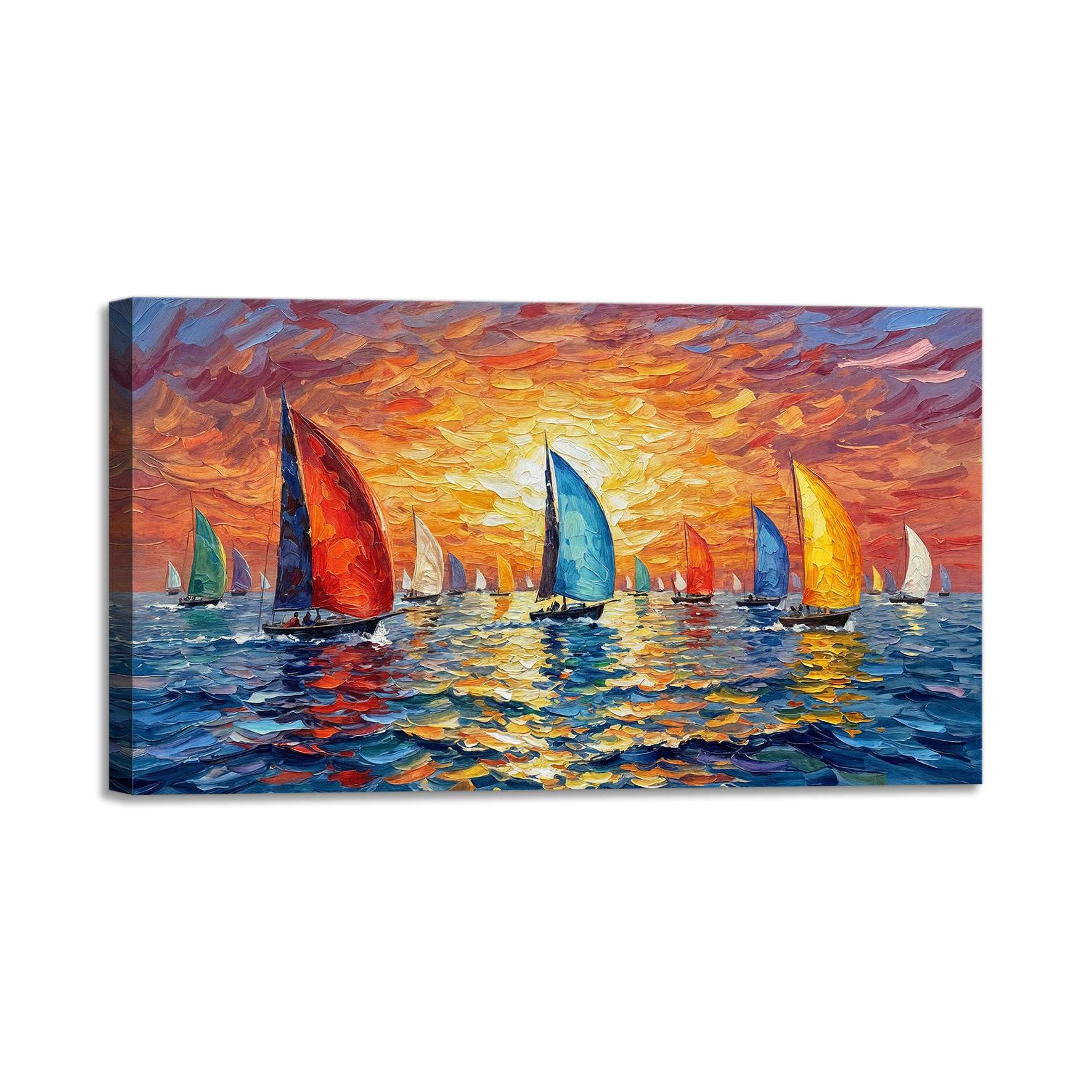 LuxHomeDecor Quadro Barche a Vela Colorate al Tramonto sul Mare – stampa su tela con telaio in legno – 140x70 cm