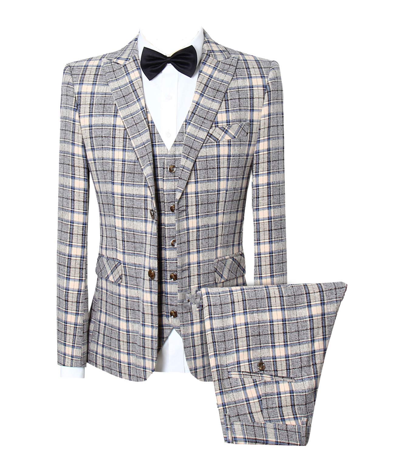 MOGU Mens 3 Piece Slim Fit Plaid Suit Blazer+Vest+Pants US Size 36 Ivory