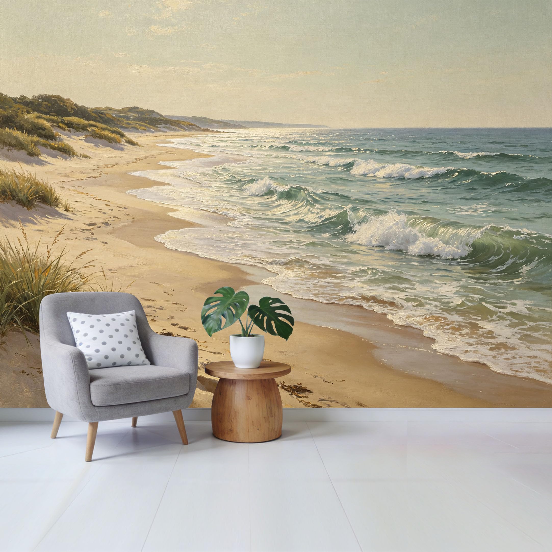 Qzlithotic Yq2605250886 Custom Size Wall Mural Coastal Sand Beach Ocean Waves Scenery Oil Painting Style Selfadhesive Wall Fabric Removable Wallpaper For Home Office Decor