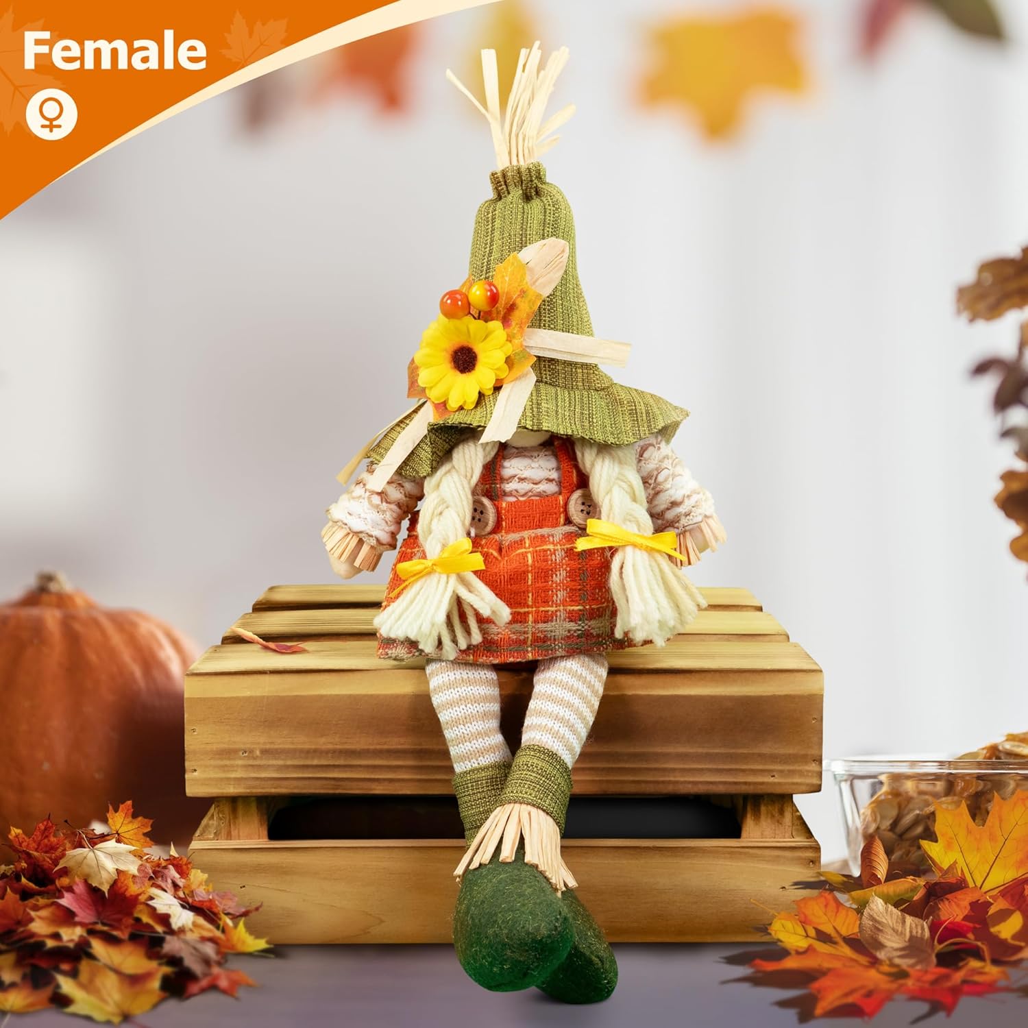 Thanksgiving Gnome Decorations – 2PCs Fall Decorations Plush Swedish Elves with Maple, Sunflower & Dangle Legs, Adorable Nordic Tomte Dwarf, Autumn Halloween Gnomes Decor for Home Kitchen - Image 7