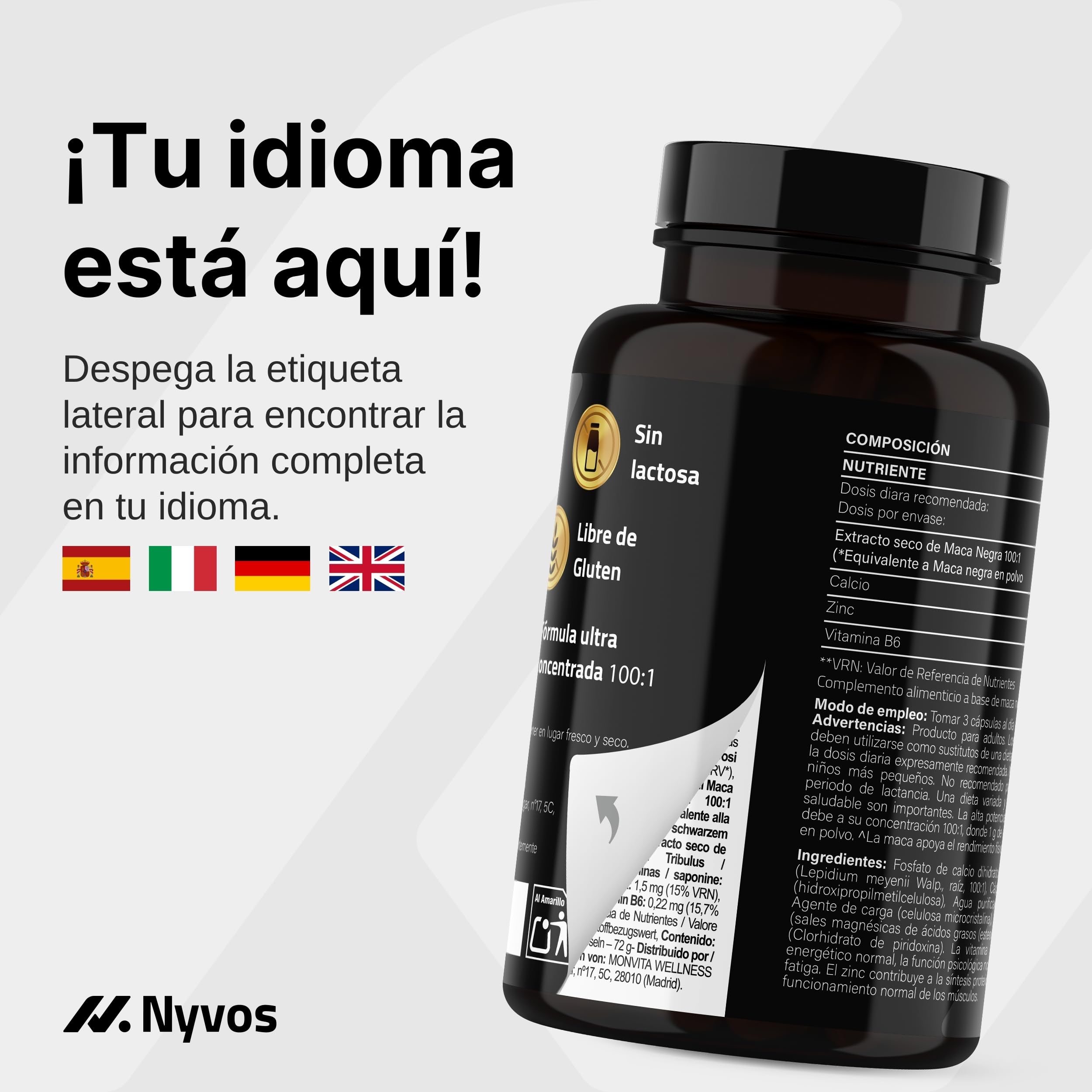 Maca Negra Ultra 50.000 mg (concentrado 100:1) - Vitalidad Masculina y Energía - con Extracto estandarizado, Zinc, B6 y Calcio - vegano, sin cafeína - 120 Cápsulas - Nyvos