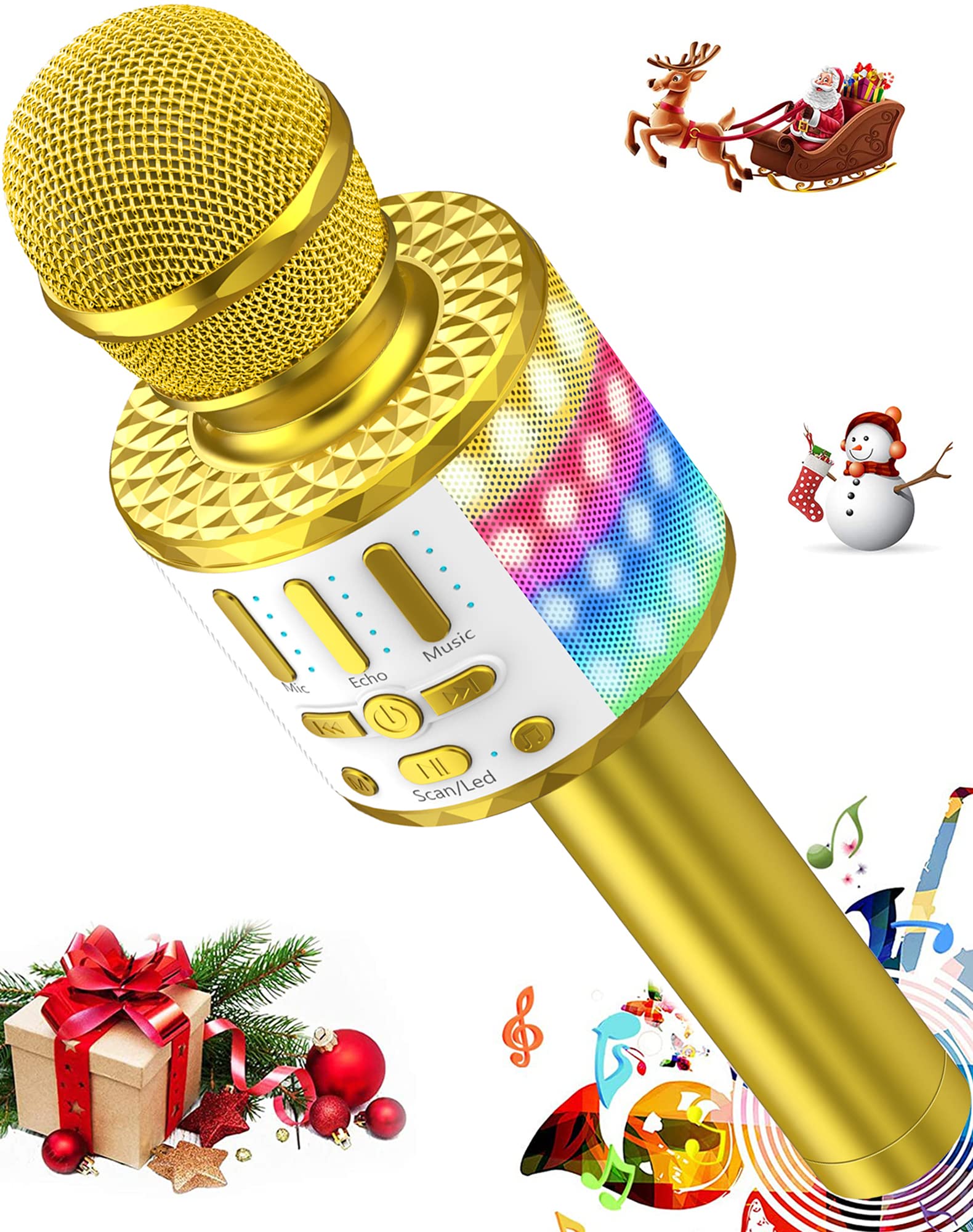 MicQutrBluetooth Microphone Karaoke, Wireless Portable LED Karaoke Microphone with Speaker Sound Recording for Home Party, Compatible with Android iOS PC - Gifts for Adults and Children