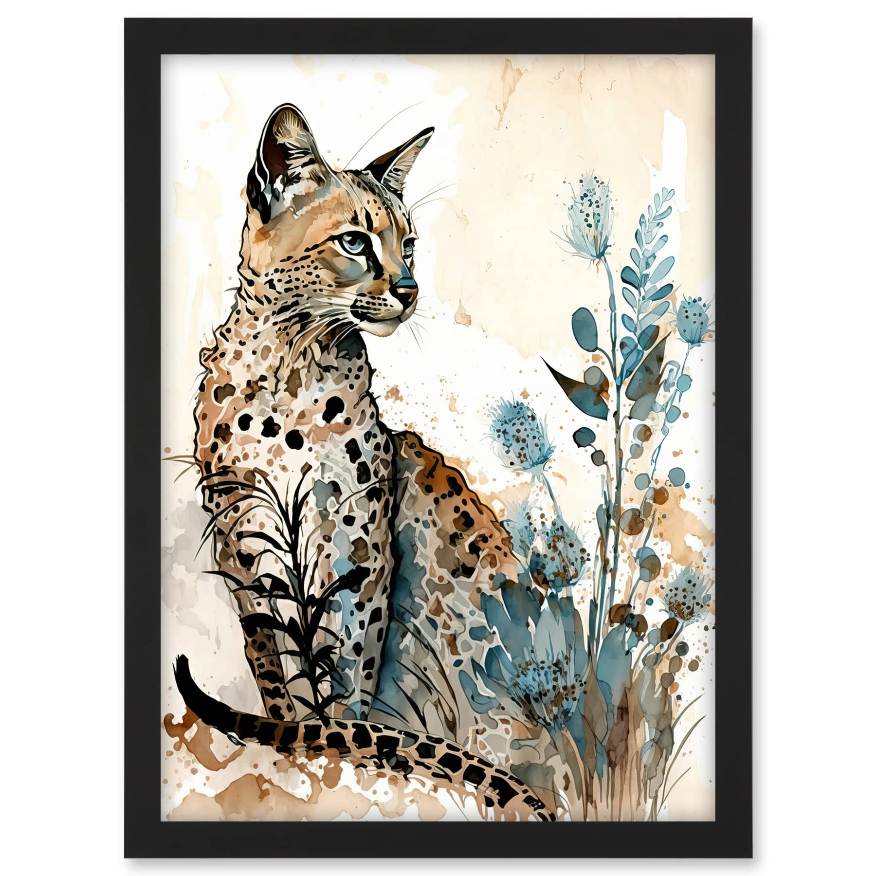 Artery8 Savannah Cat and Wildflowers Modern Watercolour and Ink Illustration Artwork Framed A3 Wall Art Print