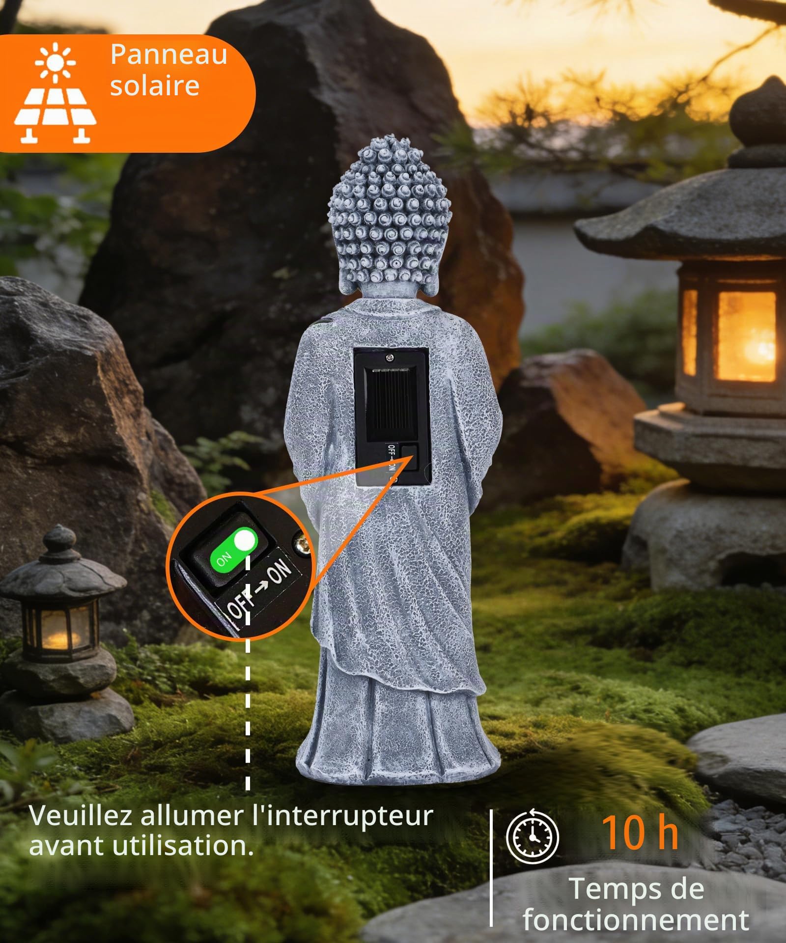 Goodeco Statue de Bouddha solaire avec lumières de lotus bleues – Décoration de jardin zen debout pour terrasse, cour, balcon, décoration de jardin – Cadeaux pour homme et femme – Gris méditation