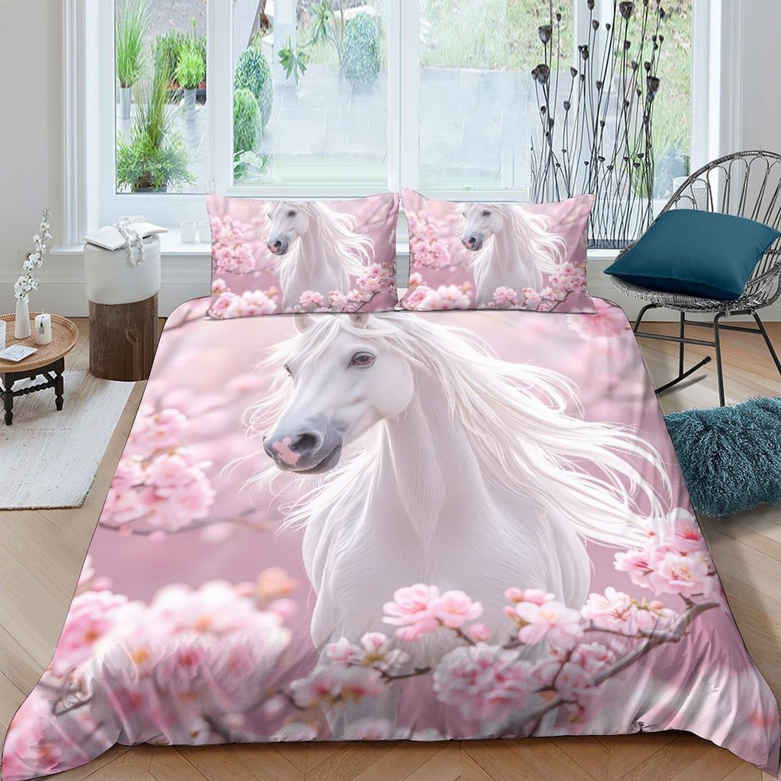 Ctjqhvkz Style-6 3D Printed White Horse Blossom Fitted Sheet Microfiber Pink Floral Bed Sheet Non Slip Cover For Bedroom Guest Room Single（135X200cm）