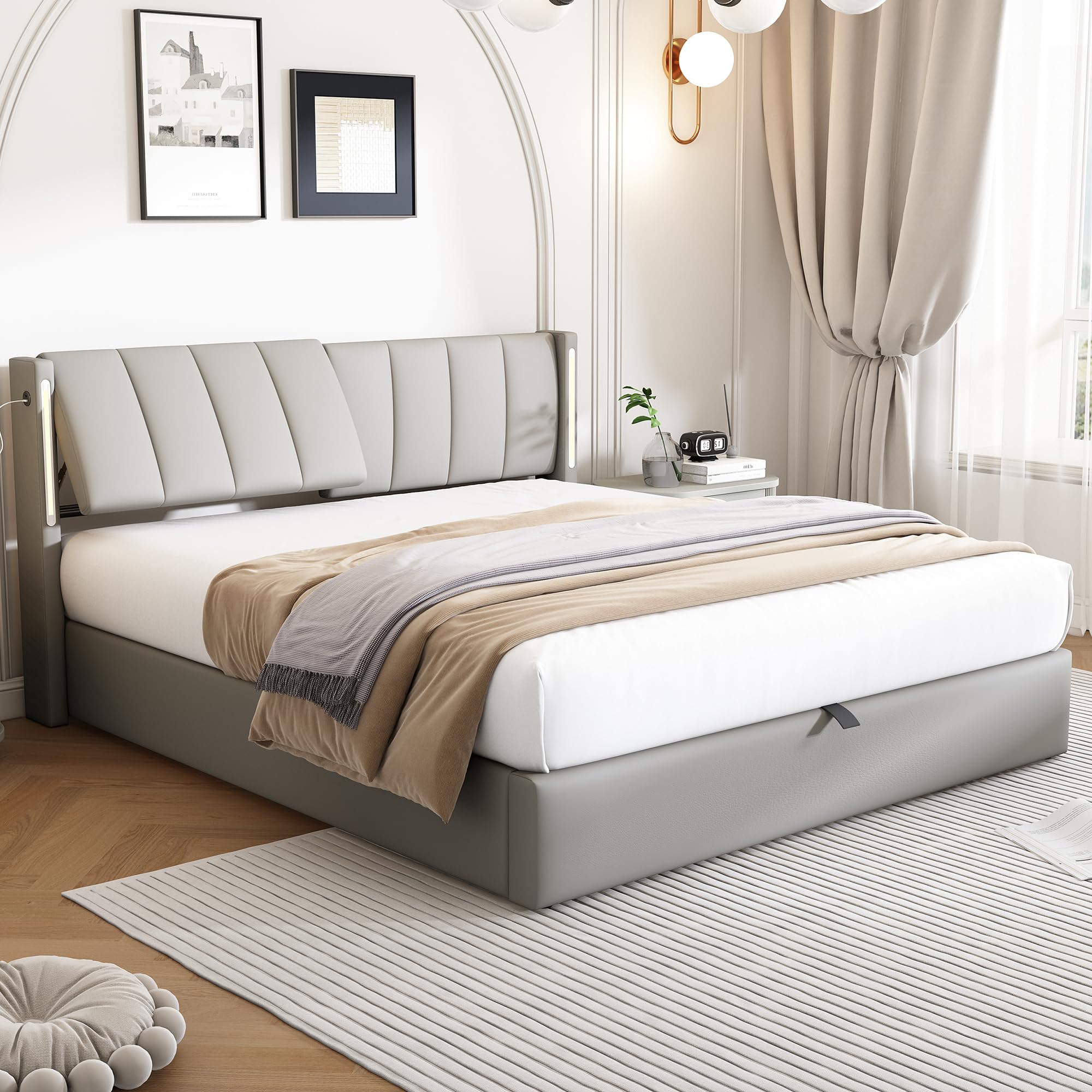 Rtopsu Letto Imbottito Letto Matrimoniale 160x200 cm con USB Type C e LED, Letti con Contenitore, Letti Idraulico con Rete a Doghe e Telaio in Metallo, Testata Regolabile, PU, Grigio, Senza Materasso