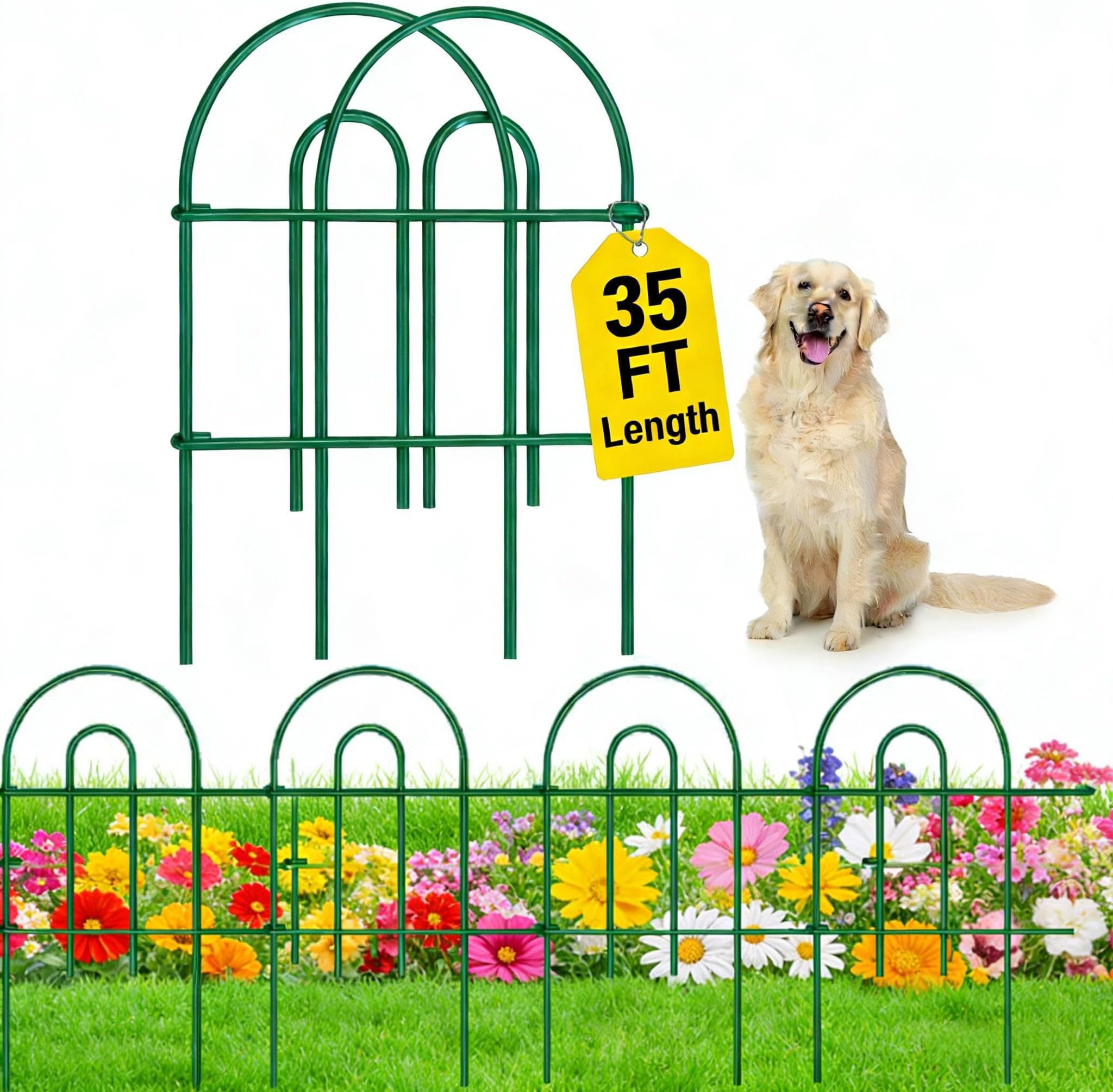 AMAGABELI 25 Panels 24in(H)×35ft(L) Decorative Garden Fence No Dig Rustproof Metal Pre-Linking Fence Panels Garden Edging Border Animal Barrier Fencing for Flower Beds Yard Patio Outdoor Decor Green