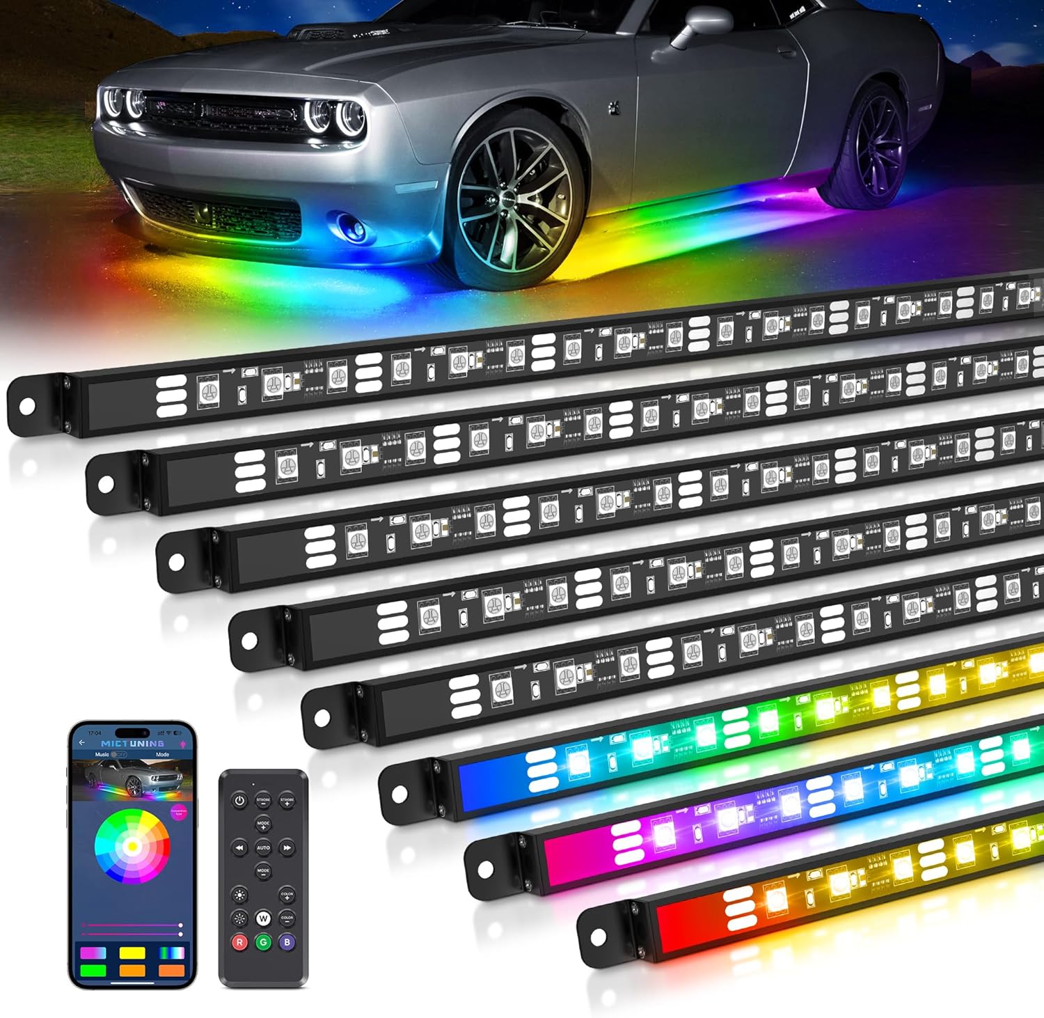 MICTUNING N8 Car Underglow Light Bar Kit, Chasing Color RGB+IC LED, Aluminum Exterior Underbody Multicolor Soundsync Neon Light Strip, Wireless App & Remote Control, IP68 Waterproof, 8PCS RGB+IC APP+Remote
